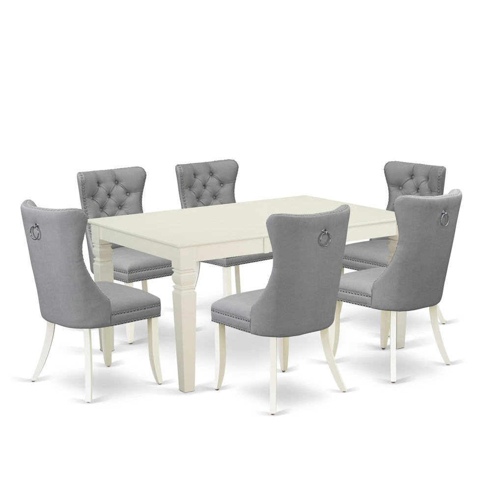 East West Furniture WEDA7-WHI-27 7 Piece Kitchen Table Set Includes a Rectangle Dining Table with Removable leaf and 6 Upholstered Chairs, 42x60 Inch, linen white