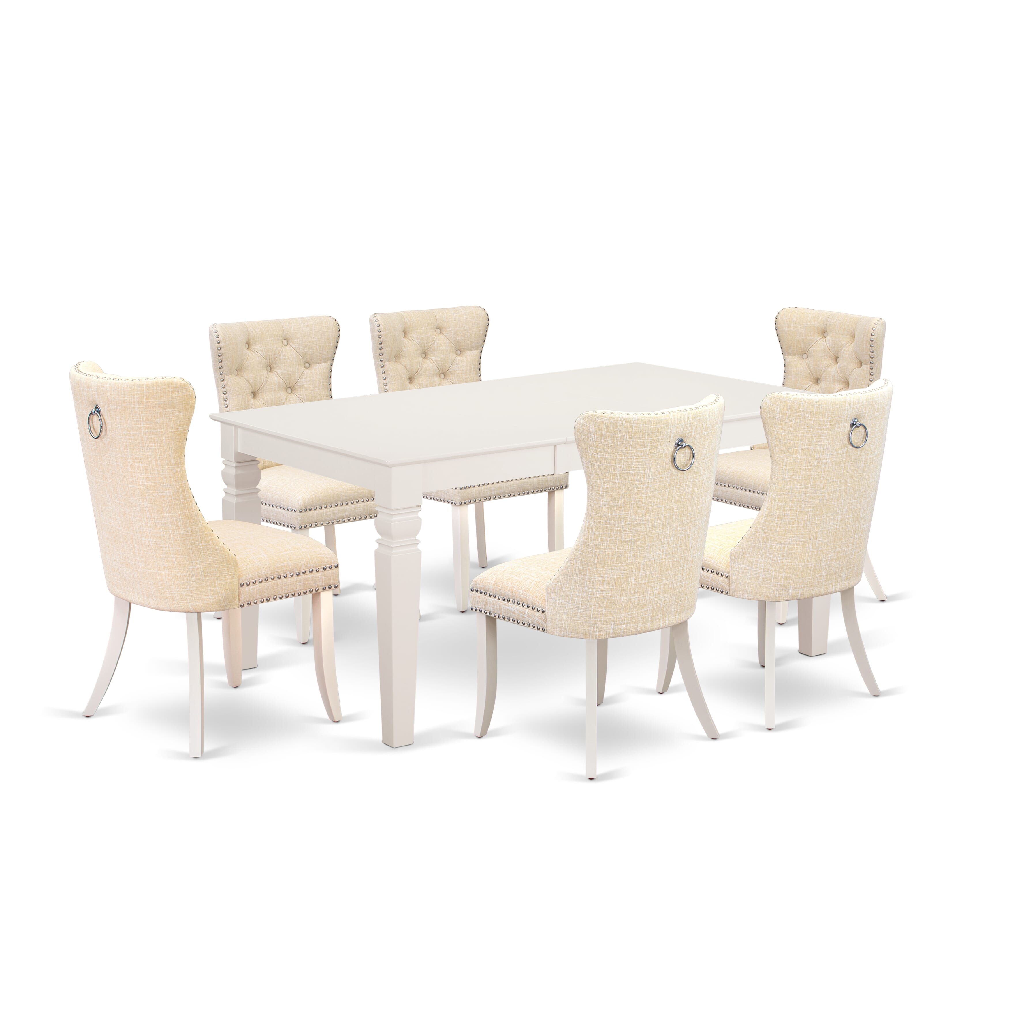 East West Furniture WEDA7-WHI-32 7 Piece Kitchen Set Consists of a Rectangle Dining Table with Removable leaf and 6 Upholstered Chairs, 42x60 Inch, linen white