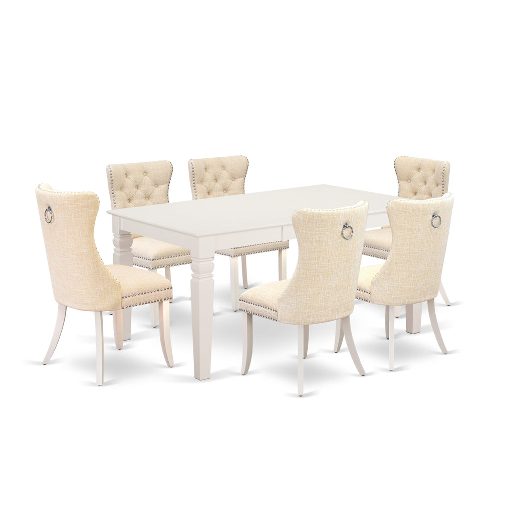 East West Furniture WEDA7-WHI-32 7 Piece Kitchen Set Consists of a Rectangle Dining Table with Removable leaf and 6 Upholstered Chairs, 42x60 Inch, linen white