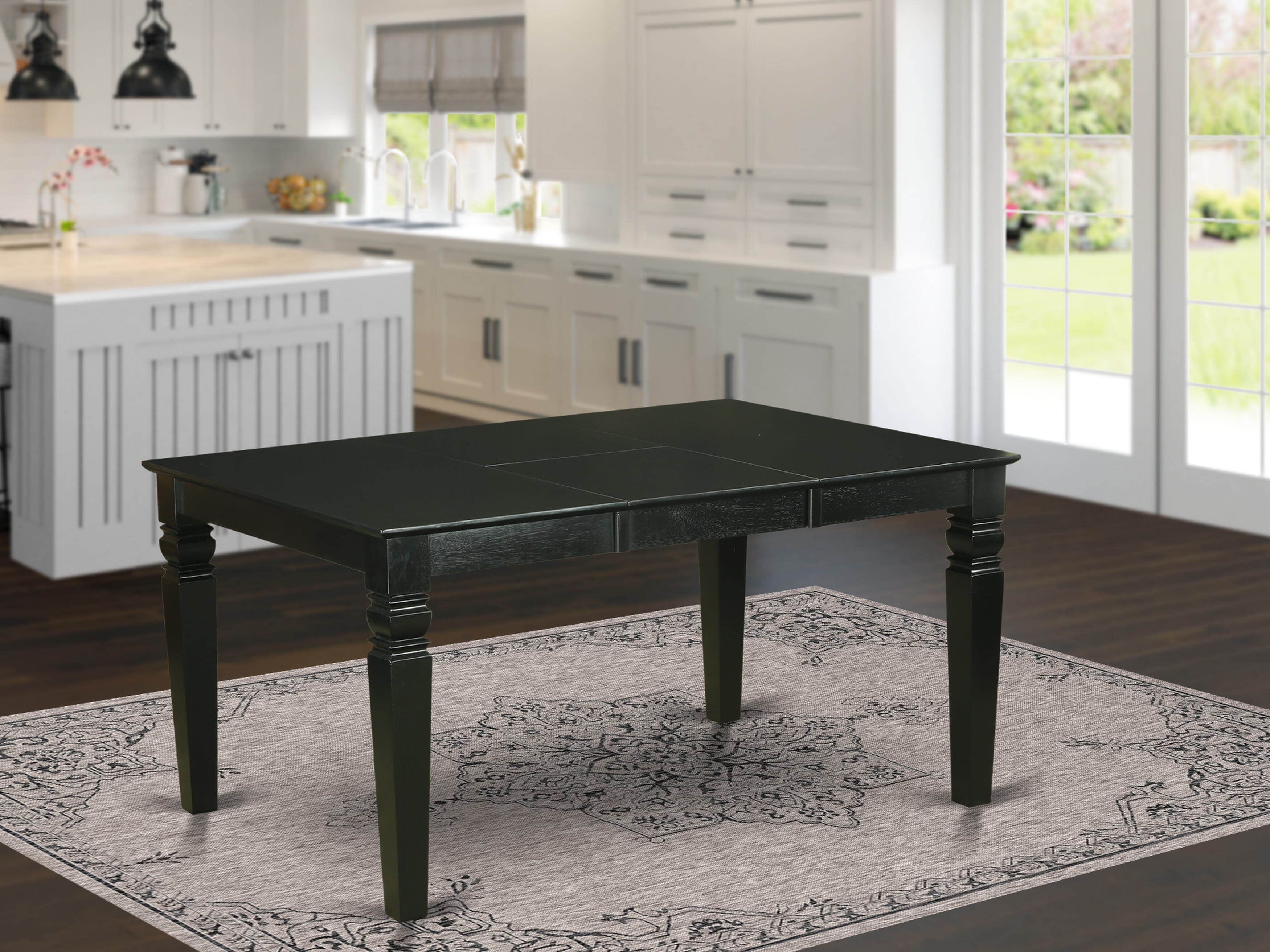 East West Furniture WEAS7-BLK-09 7 Piece Kitchen Table Set Includes A Dinner Table and 6 Dark Navy Blue Faux Leather Dining Chairs with Stylish Back- Black Finish