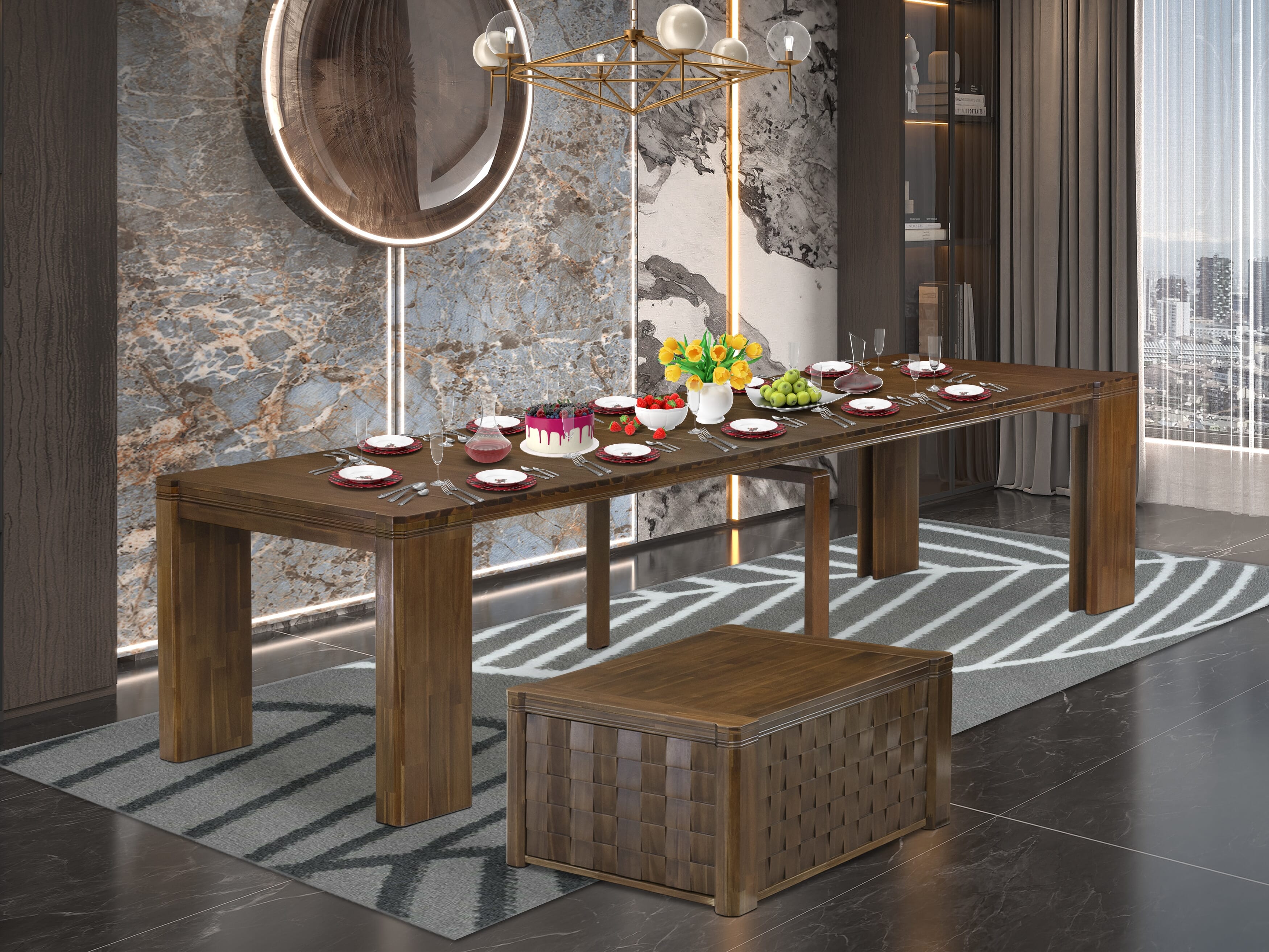 Luxe East West Furniture X0000-0C8-00 2-piece Mid-Century Dining Table Set of a consists Rectangular Modern Dining Table with Coffee Table, Antique Walnut.