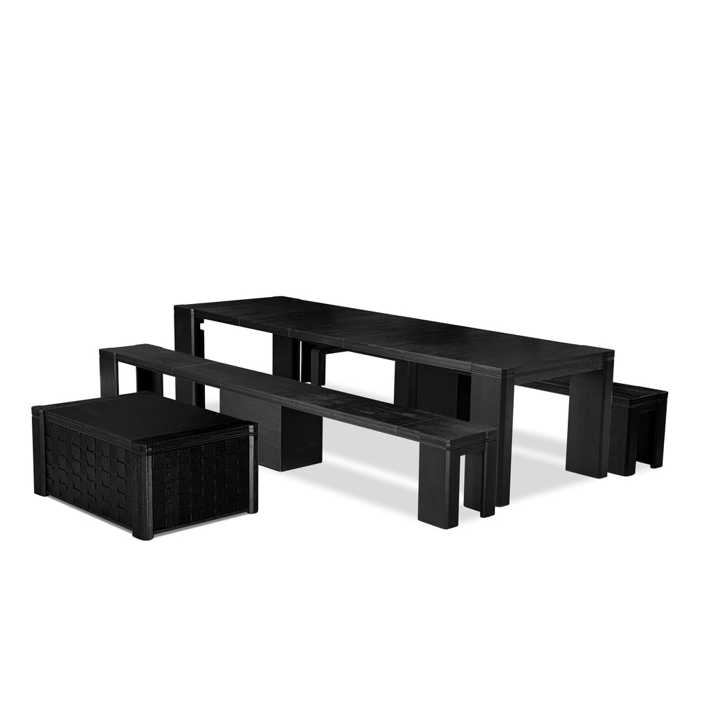 Luxe by East West Furniture X0000-2C6-00 - 4 Pieces Extendable Dining Set Includes 1 Extendable Kitchen Table, 1 Coffee Table and 2 Modern Benches, Wire Brushed Black.