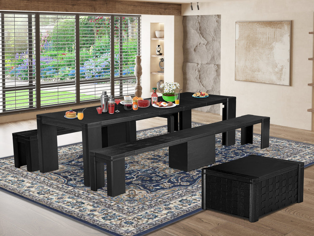 Luxe by East West Furniture X0000-2C6-00 - 4 Pieces Extendable Dining Set Includes 1 Extendable Kitchen Table, 1 Coffee Table and 2 Modern Benches, Wire Brushed Black.
