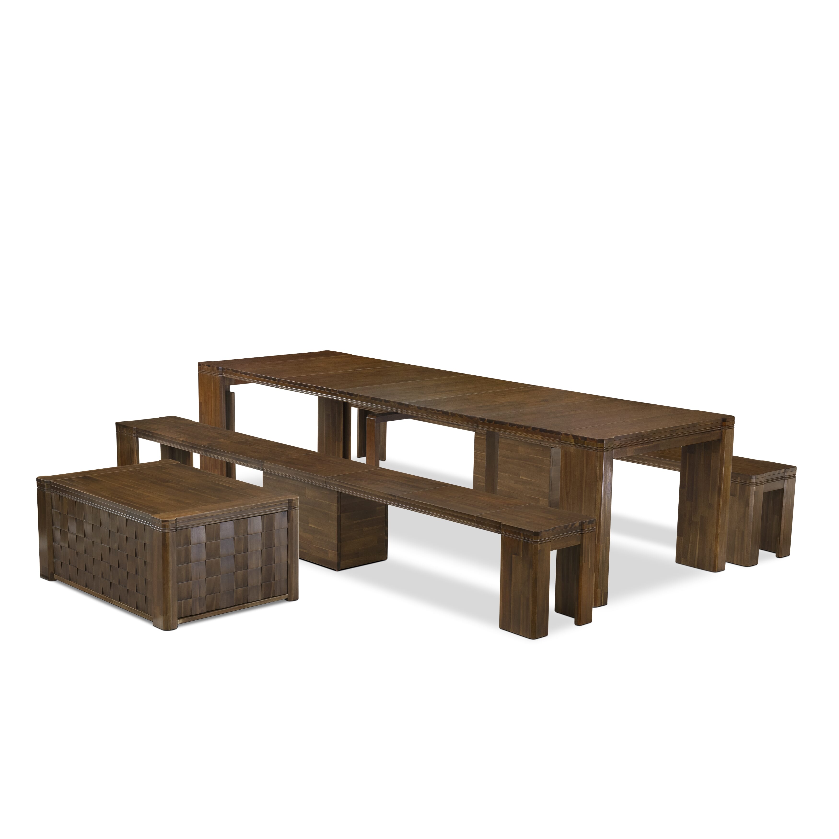 X0000-2C8-00 - 4 Pieces Extendable Dining Set Includes 1 Xtenczar Kitchen Table, 1 Coffee Table and 2 Modern Benches, Antique Walnut.