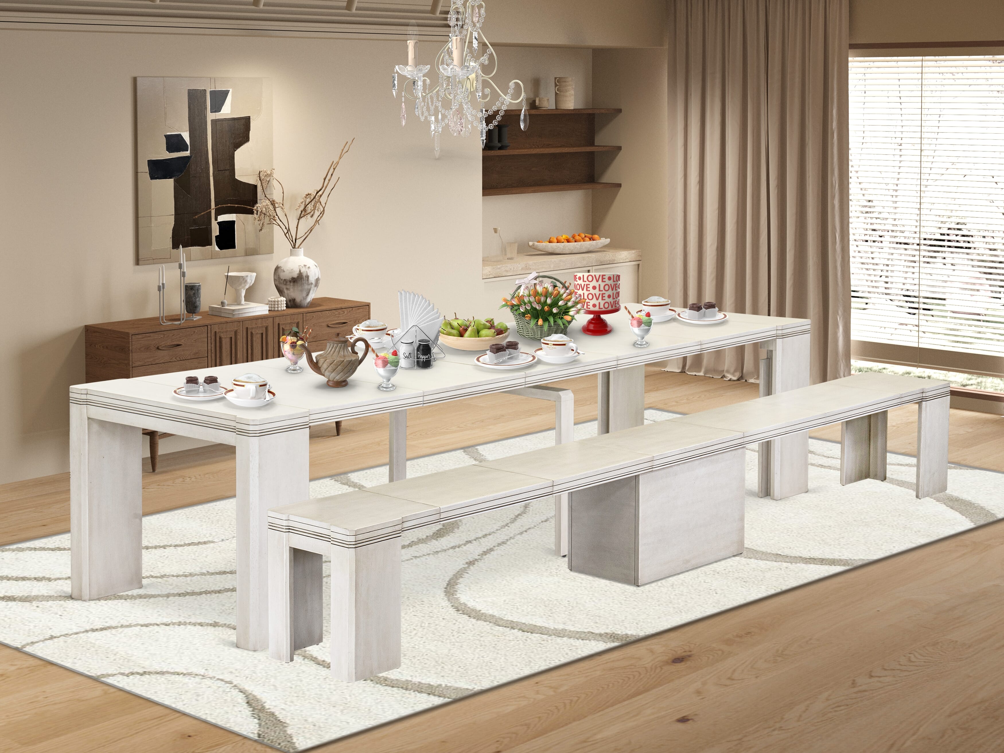 Luxe by East West Furniture X0000-B0W-00 - 2 Pieces Extendable Dining Set Includes 1 Extendable Kitchen Table and a Modern Bench, Antique White.