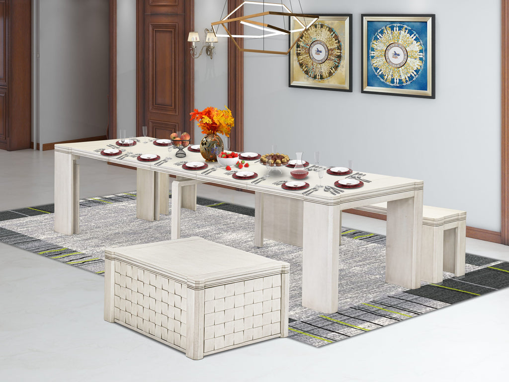 Luxe by East West Furniture X0000-BCW-00 - 3 Pieces Extendable Kitchen Table Set Includes 1 Extendable Kitchen Table, 1 Coffee Table and 1 Modern Bench, Antique White.