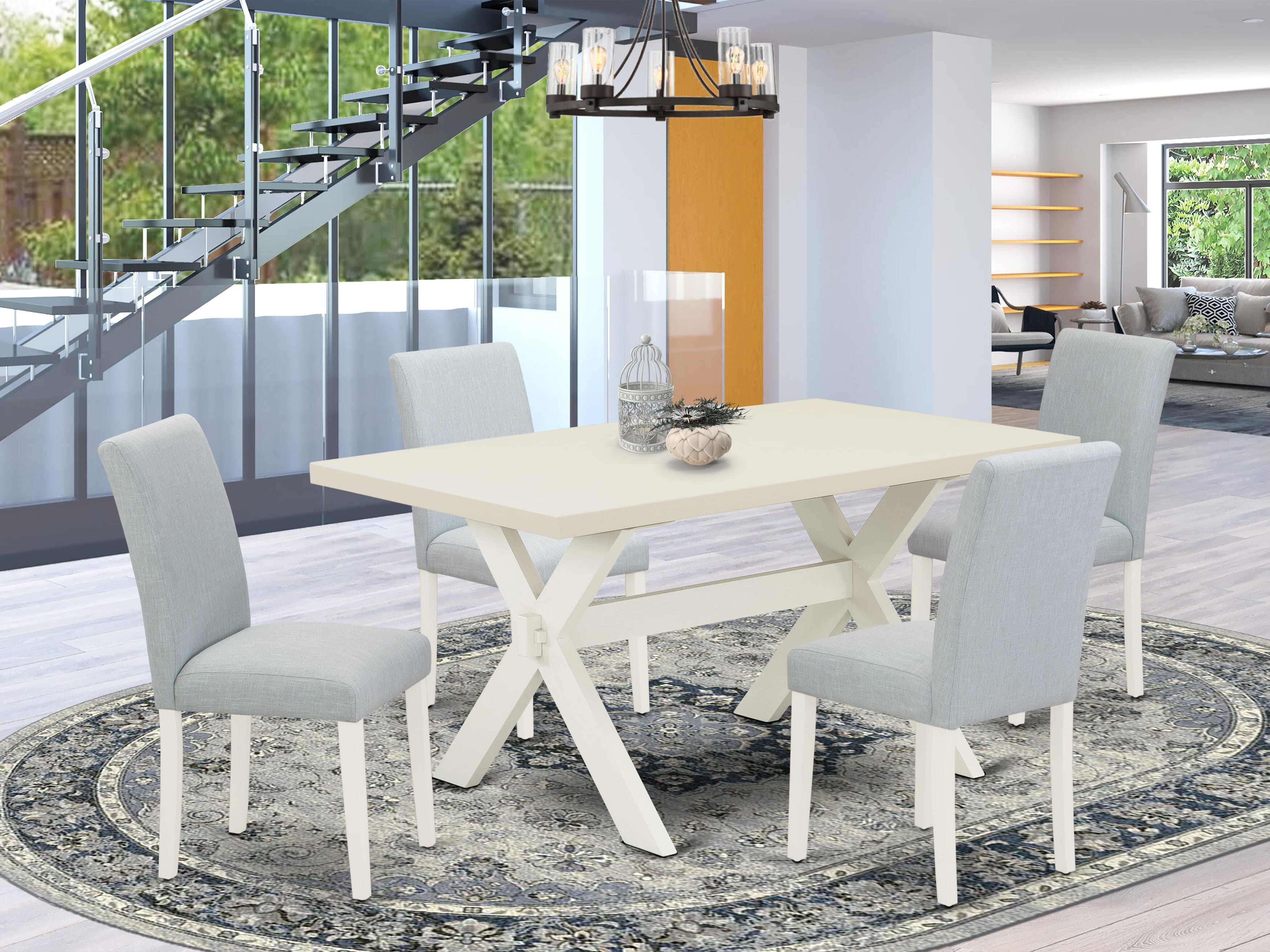 El juego de mesa de comedor de 5 piezas de East West Furniture incluye 4 sillas de comedor Parson con asiento tapizado y respaldo alto y una mesa de comedor rectangular - Acabado blanco lino