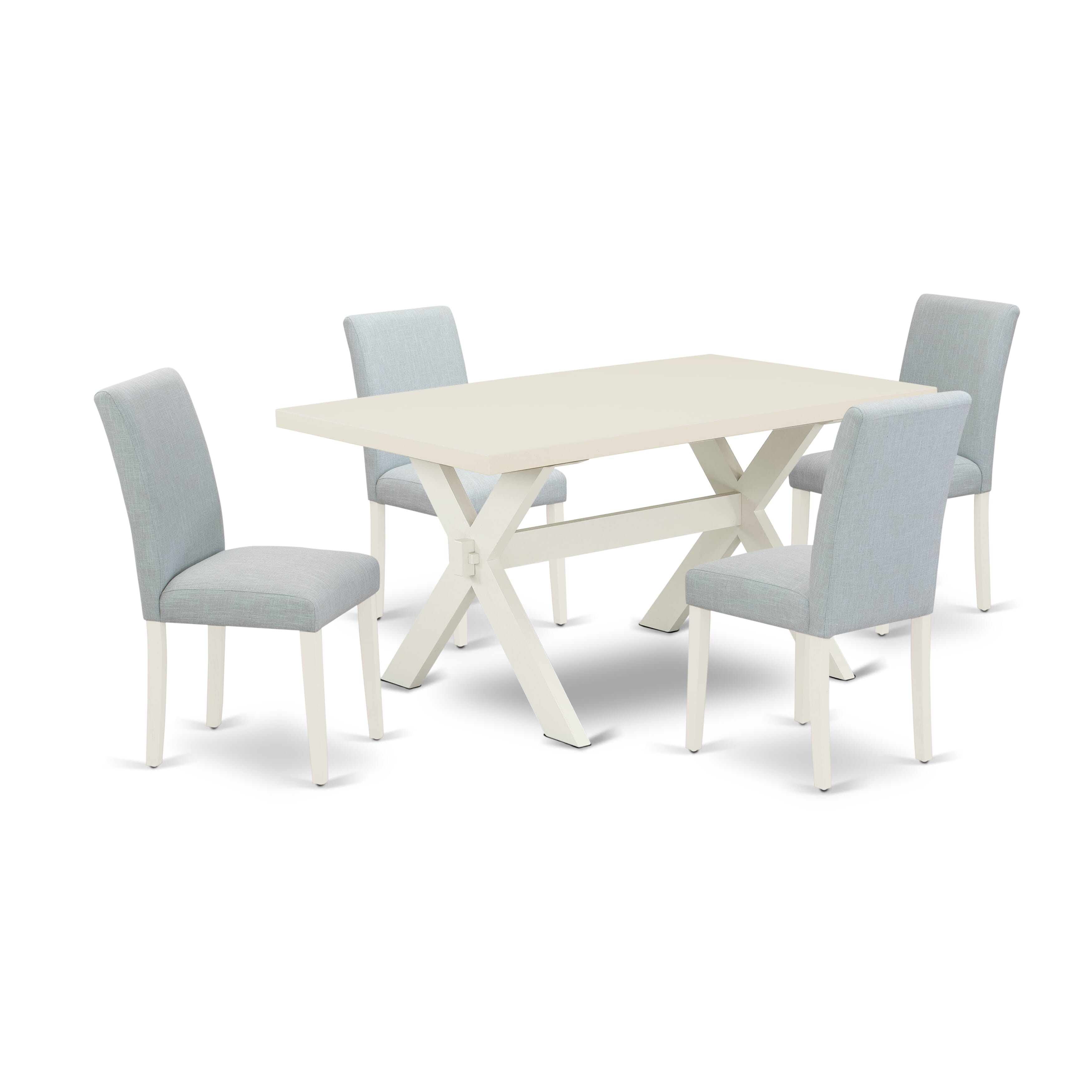El juego de mesa de comedor de 5 piezas de East West Furniture incluye 4 sillas de comedor Parson con asiento tapizado y respaldo alto y una mesa de comedor rectangular - Acabado blanco lino