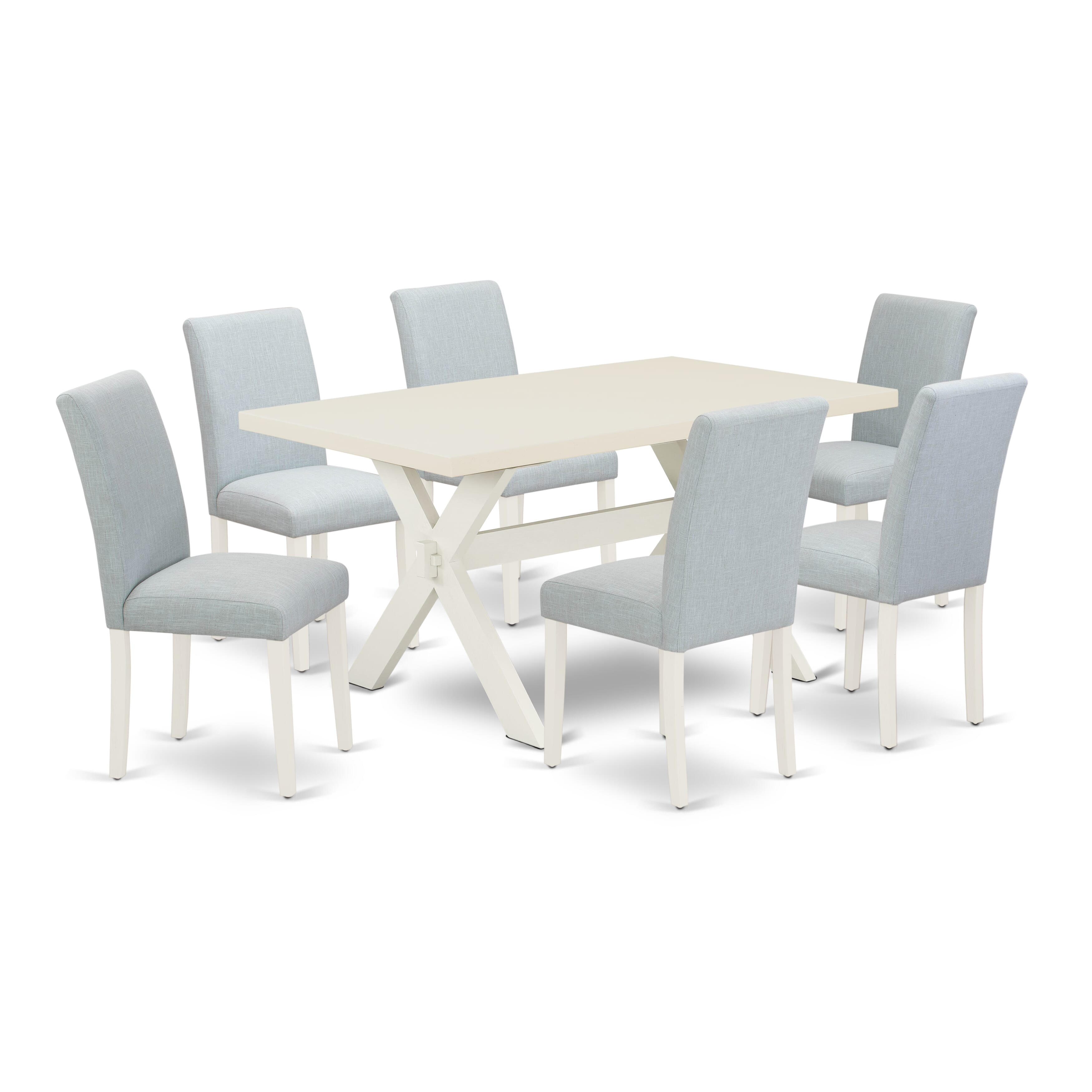El juego de mesa de cocina de 7 piezas de East West Furniture incluye 6 sillas de comedor con asiento tapizado y respaldo alto y una mesa de comedor rectangular moderna - Acabado blanco lino