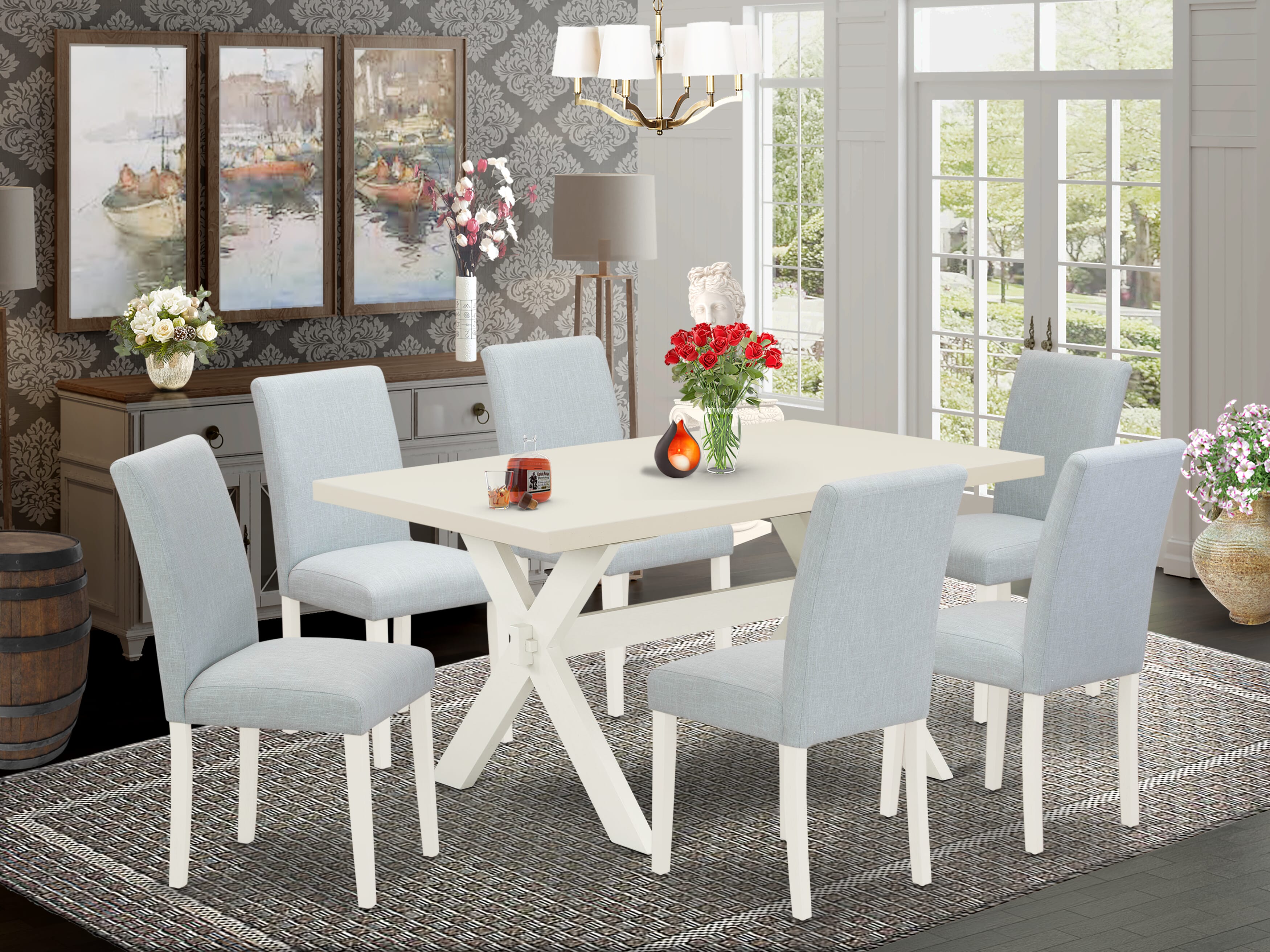 El juego de mesa de cocina de 7 piezas de East West Furniture incluye 6 sillas de comedor con asiento tapizado y respaldo alto y una mesa de comedor rectangular moderna - Acabado blanco lino