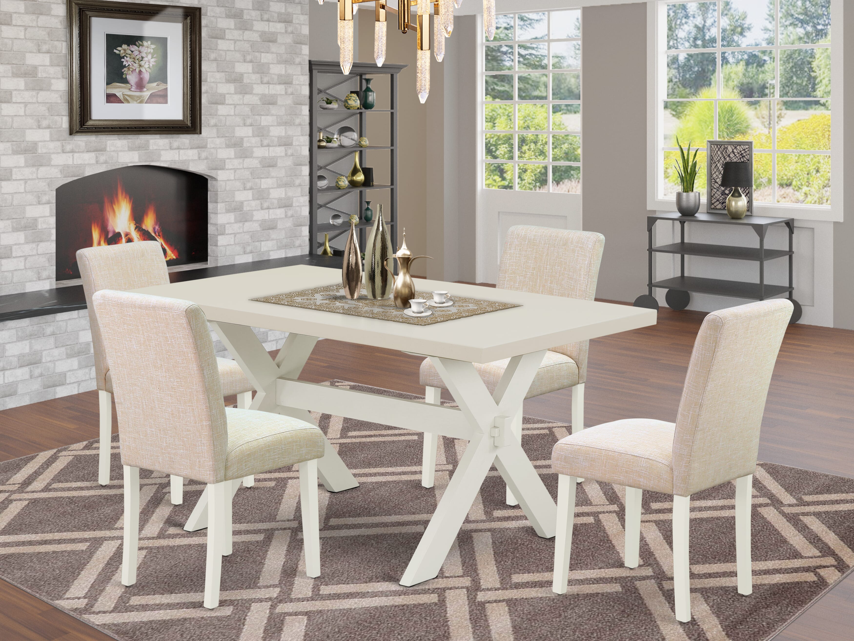 East West Furniture X026AB202-5 5-Pc Rectangular Dining Table SetIncluded 4 Parson Dining chairs Upholstered Seat and Stylish Chair Back and Rectangular Kitchen Table with linen white rectangular Table top (linen white Finish)