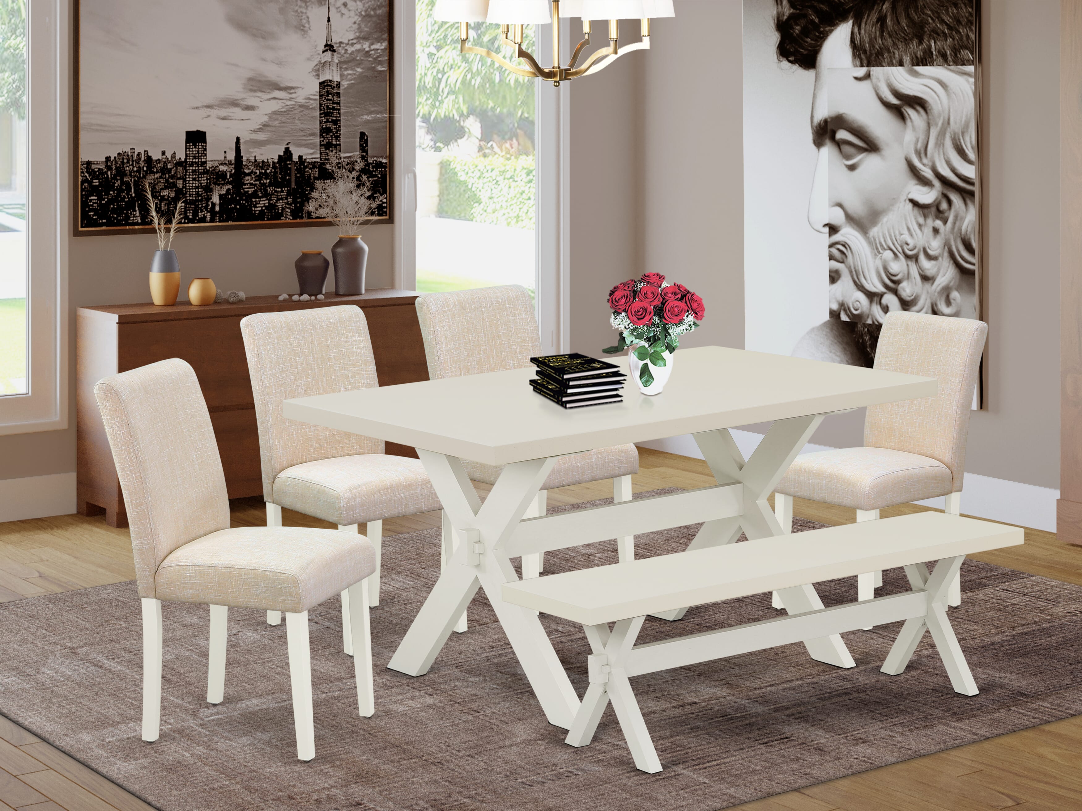 East West Furniture X026AB202-6 6-Piece Dinette Table Set-Light Beige Linen Fabric Seat and Stylish Chair Back Kitchen chairs, a Rectangular Bench and Rectangular top Dining room Table with Solid Wood Legs - linen white and linen white Finish