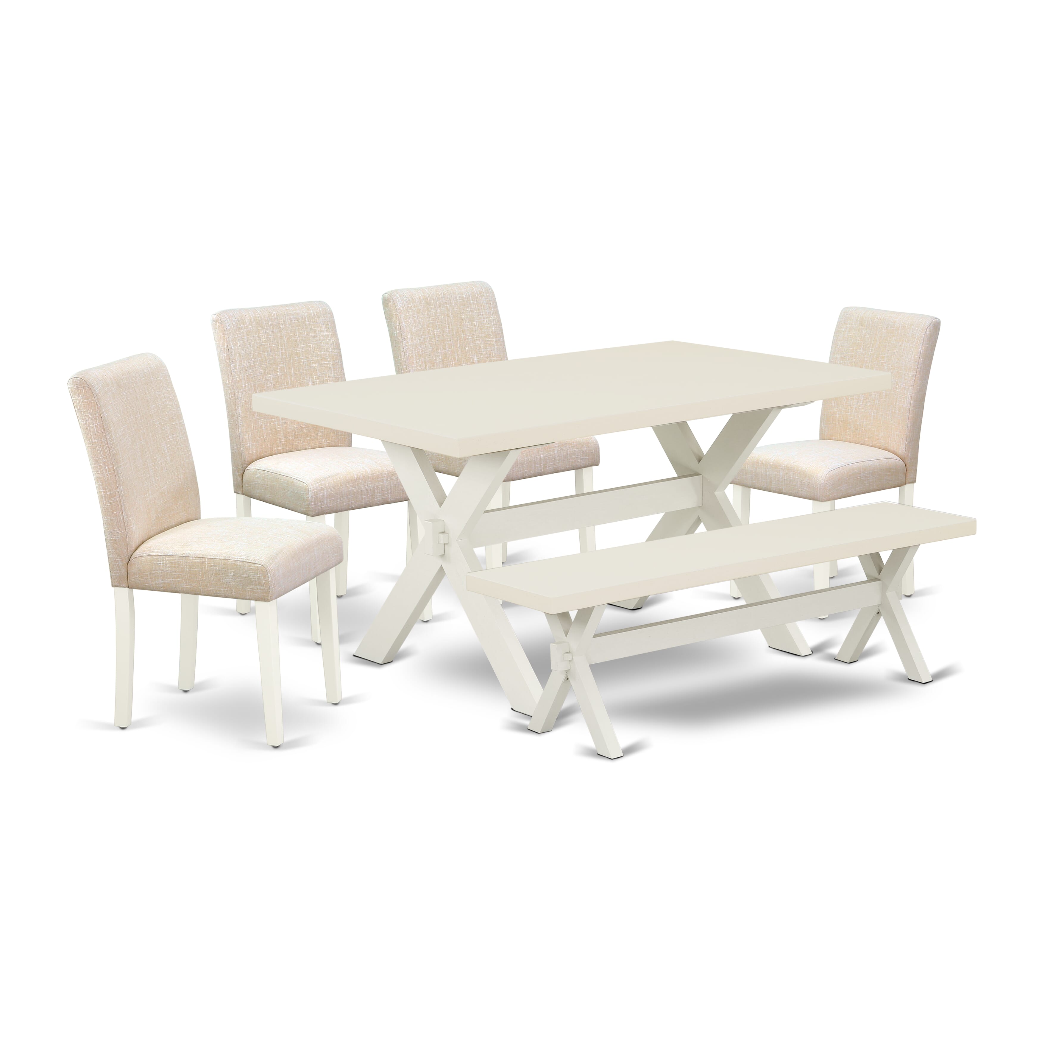 East West Furniture X026AB202-6 6-Piece Dinette Table Set-Light Beige Linen Fabric Seat and Stylish Chair Back Kitchen chairs, a Rectangular Bench and Rectangular top Dining room Table with Solid Wood Legs - linen white and linen white Finish