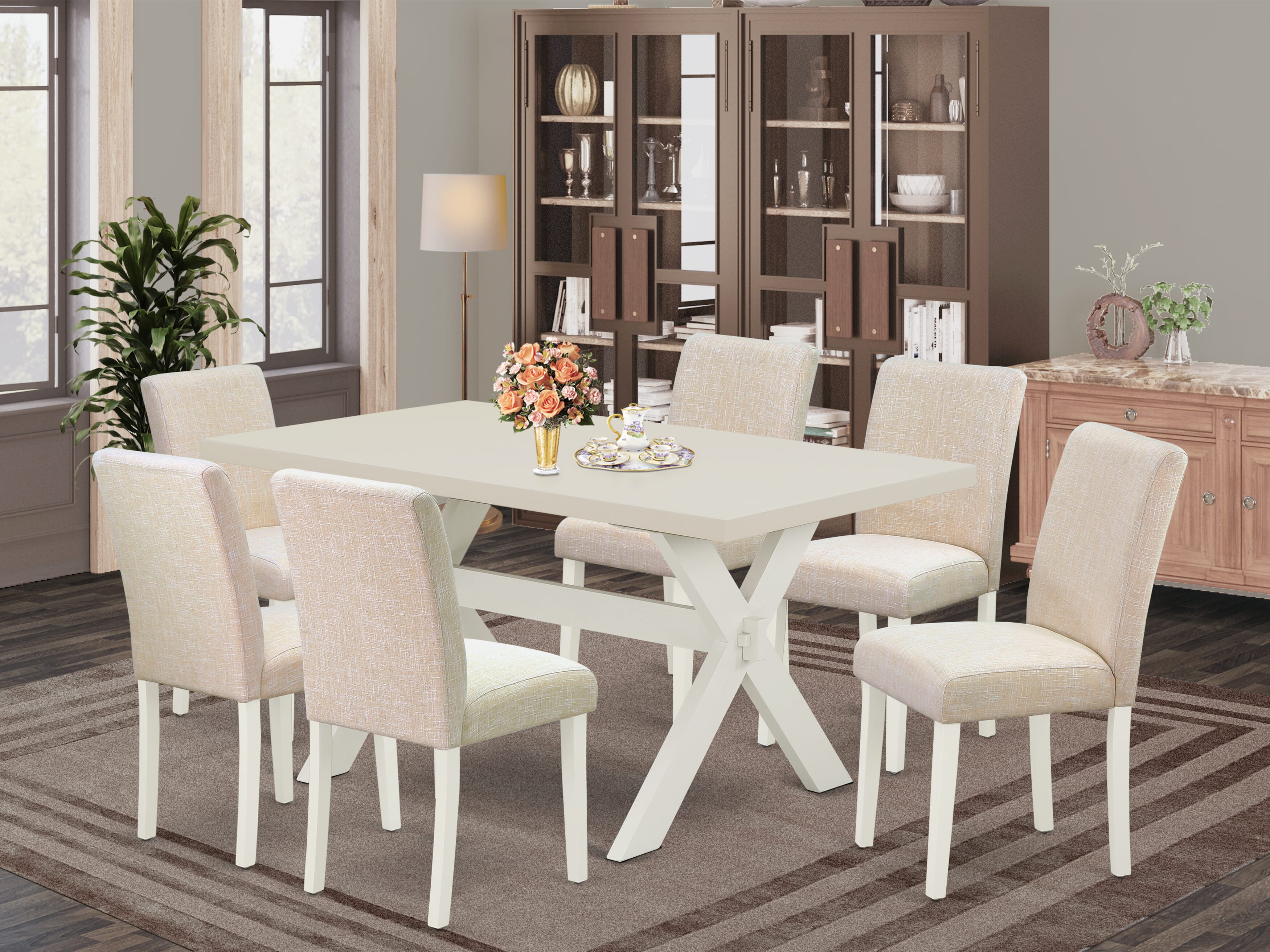 East West Furniture X026AB202-7 7-Pc Dining Set a Wonderful linen white dining table top and 6 Wonderful Kitchen chairs with High Stylish Chair Back, linen white Finish