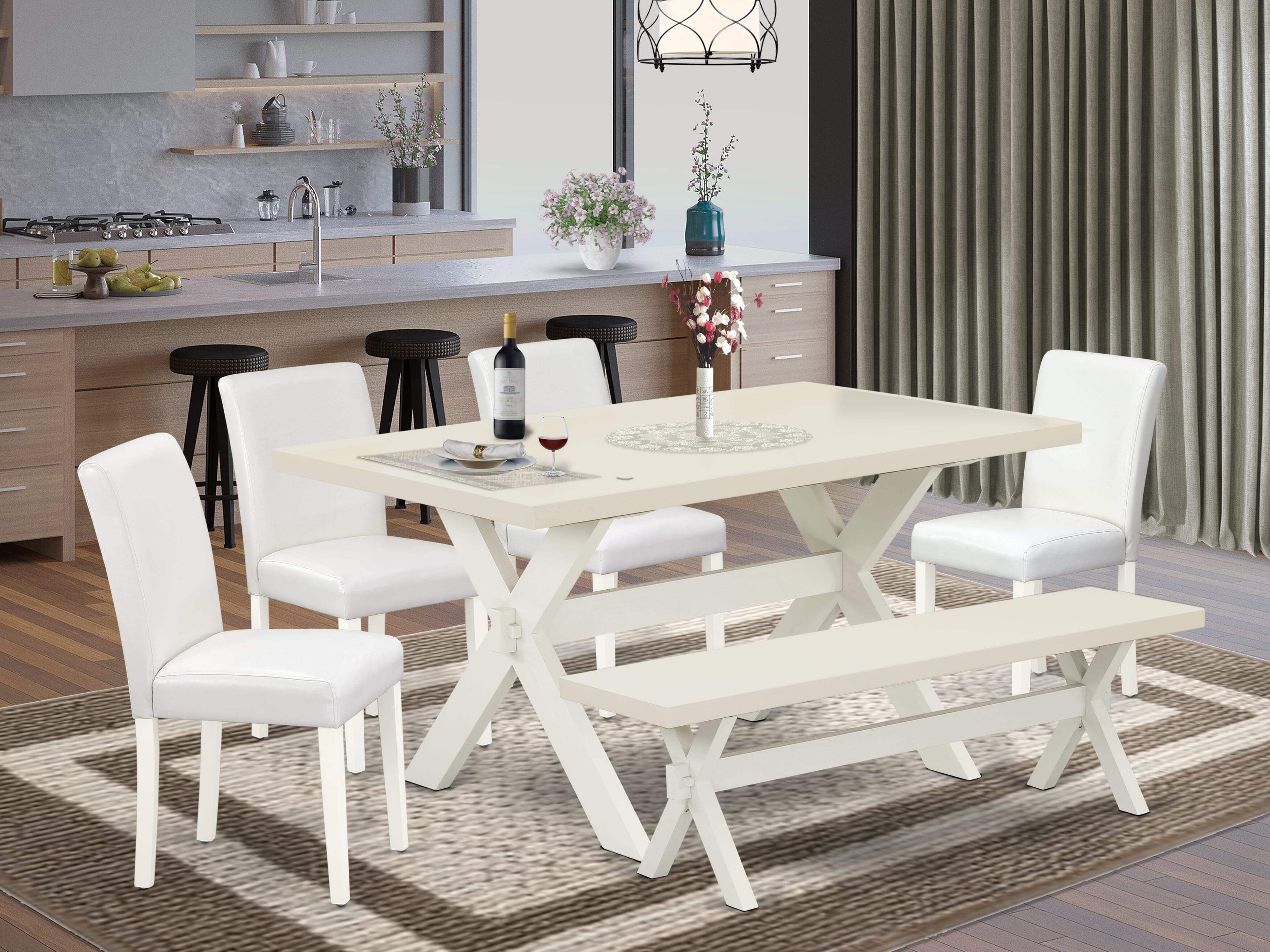 East West Furniture X026AB264-6 6-Piece Dining Set with Wood Table and Small Bench - 4 PU faux Leather Parson Chairs (linen white Finish)