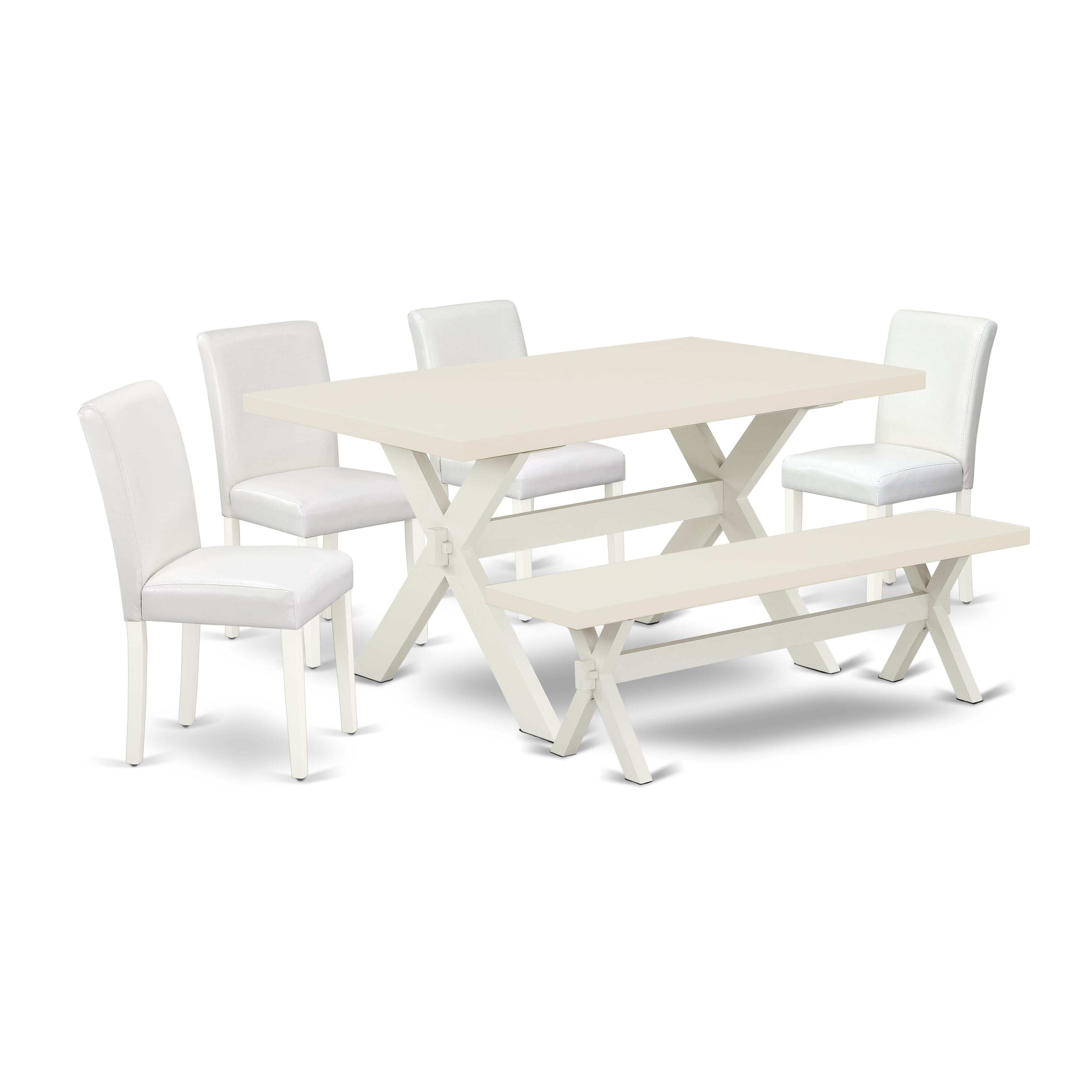 East West Furniture X026AB264-6 6-Piece Dining Set with Wood Table and Small Bench - 4 PU faux Leather Parson Chairs (linen white Finish)