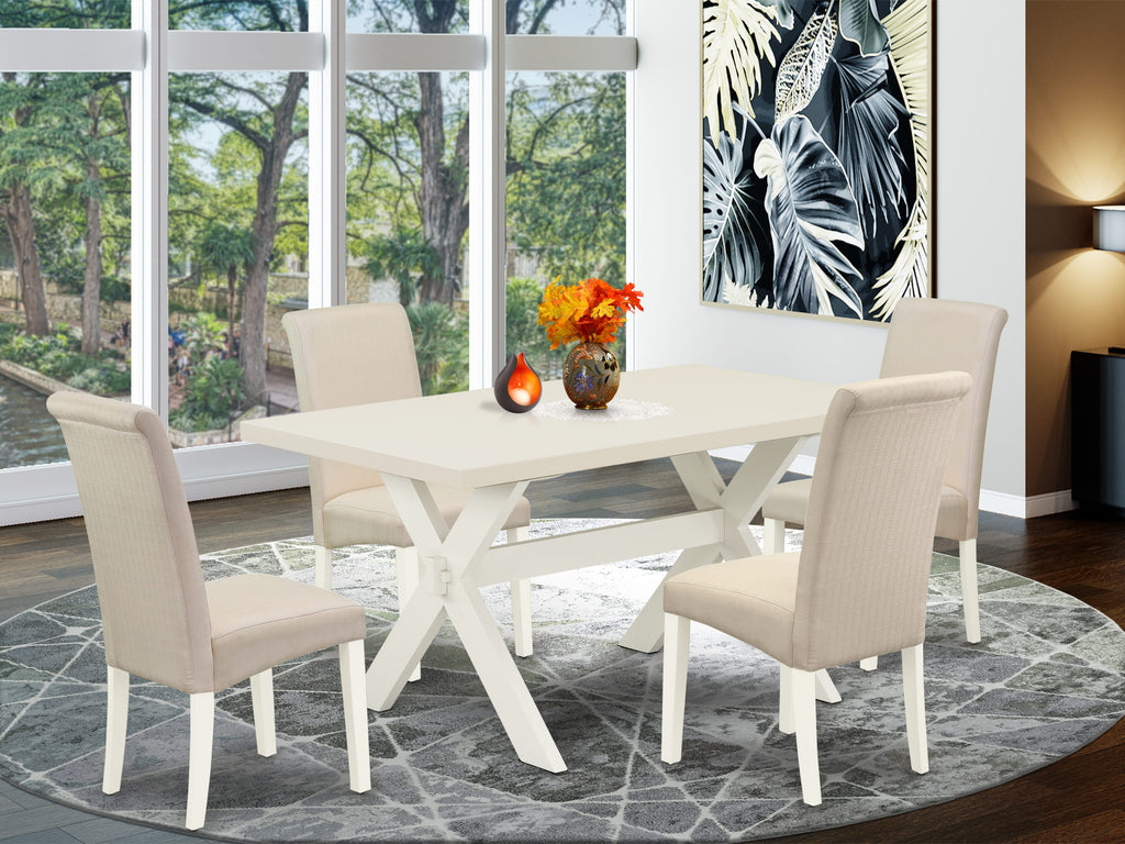 East West Furniture X026BA201-5 5 Piece Modern Dining Table Set Includes a Rectangle Wooden Table with X-Legs and 4 Cream Linen Fabric Upholstered Chairs