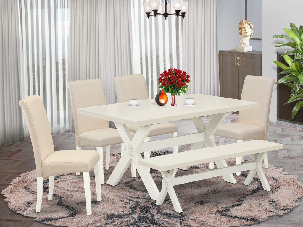East West Furniture 6-Piece Stylish Dining Room Set an Outstanding Linen White dining table Top and 5 Stunning Linen Fabric Dining Chairs with High Roll Chair Back
