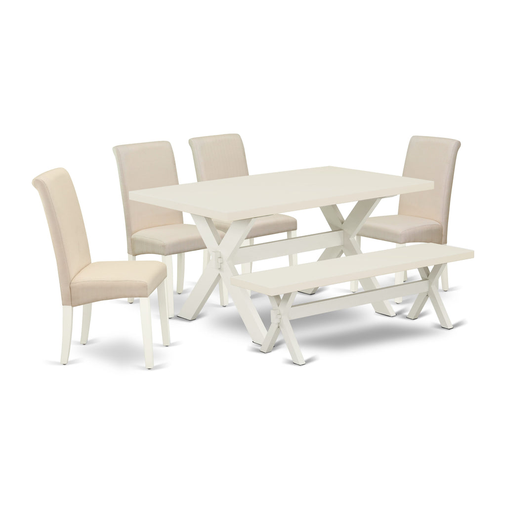 East West Furniture 6-Piece Stylish Dining Room Set an Outstanding Linen White dining table Top and 5 Stunning Linen Fabric Dining Chairs with High Roll Chair Back
