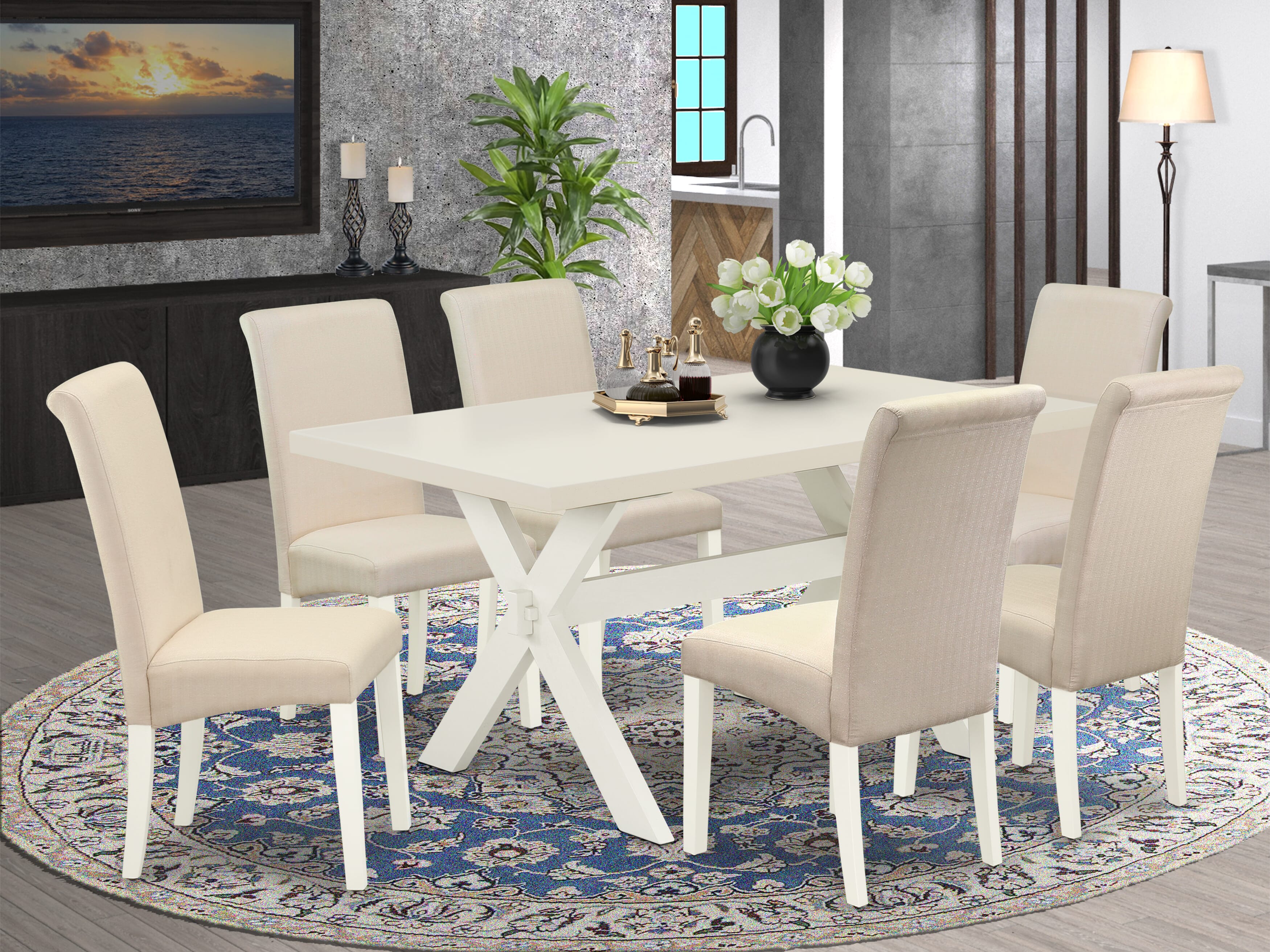 East West Furniture X026BA201-7 7-Piece Dining room Set a beautiful linen white Dinette Table top and 6 Beautiful kitchen chairs with High Chair Back, linen white Finish