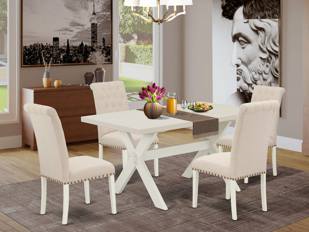 East West Furniture X026BR202-5 5 Piece Dining Room Table Set Includes a Rectangle Dining Table with X-Legs and 4 Light Beige Linen Fabric Upholstered Chairs