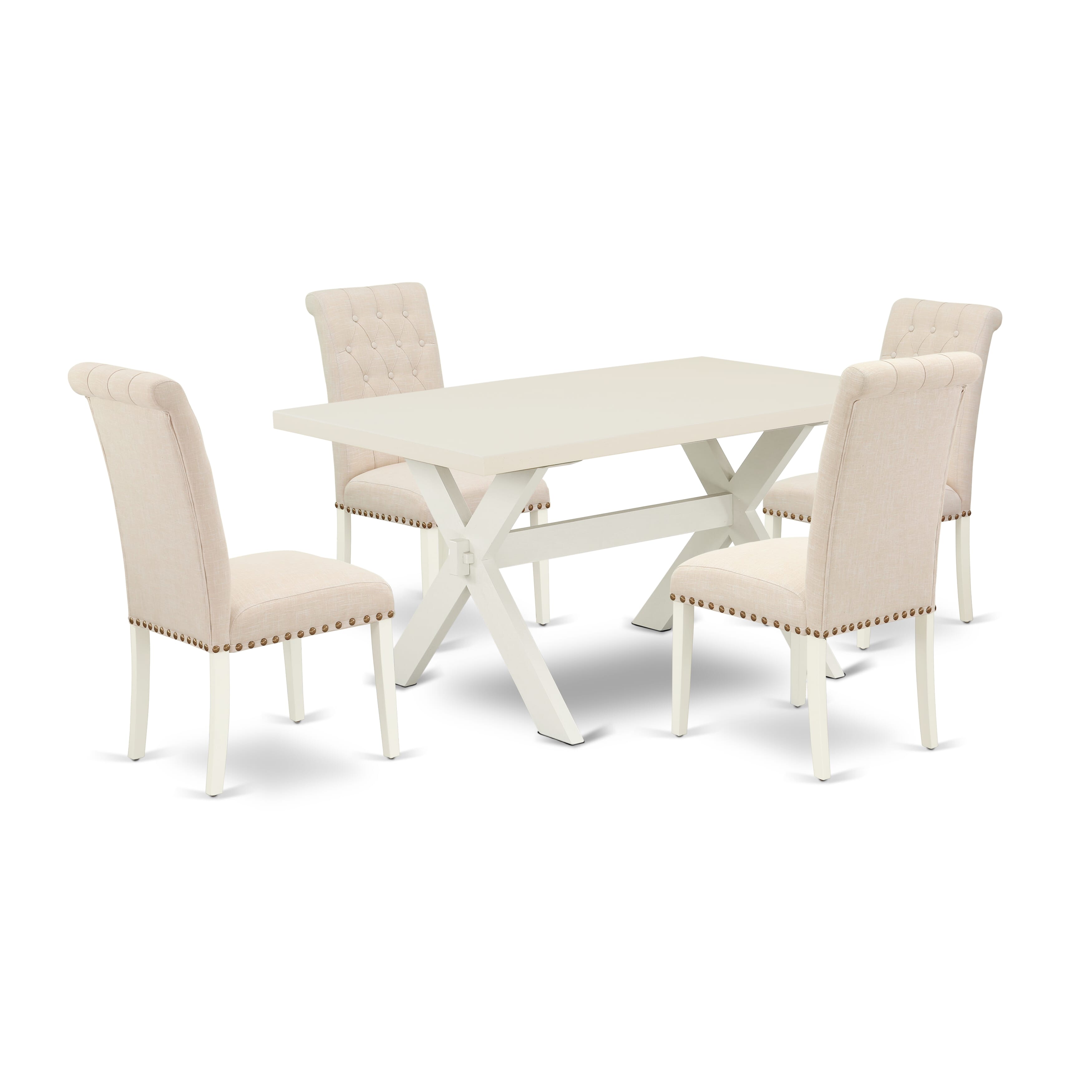 X026BR202-5 5-Pc Dinette SetIncluded 4 Wood Dining chairs Upholstered Nails Head Seat and High Button Tufted Chair Back and Rectangular Dining room Table with linen white Dining room Table top (linen white Finish)