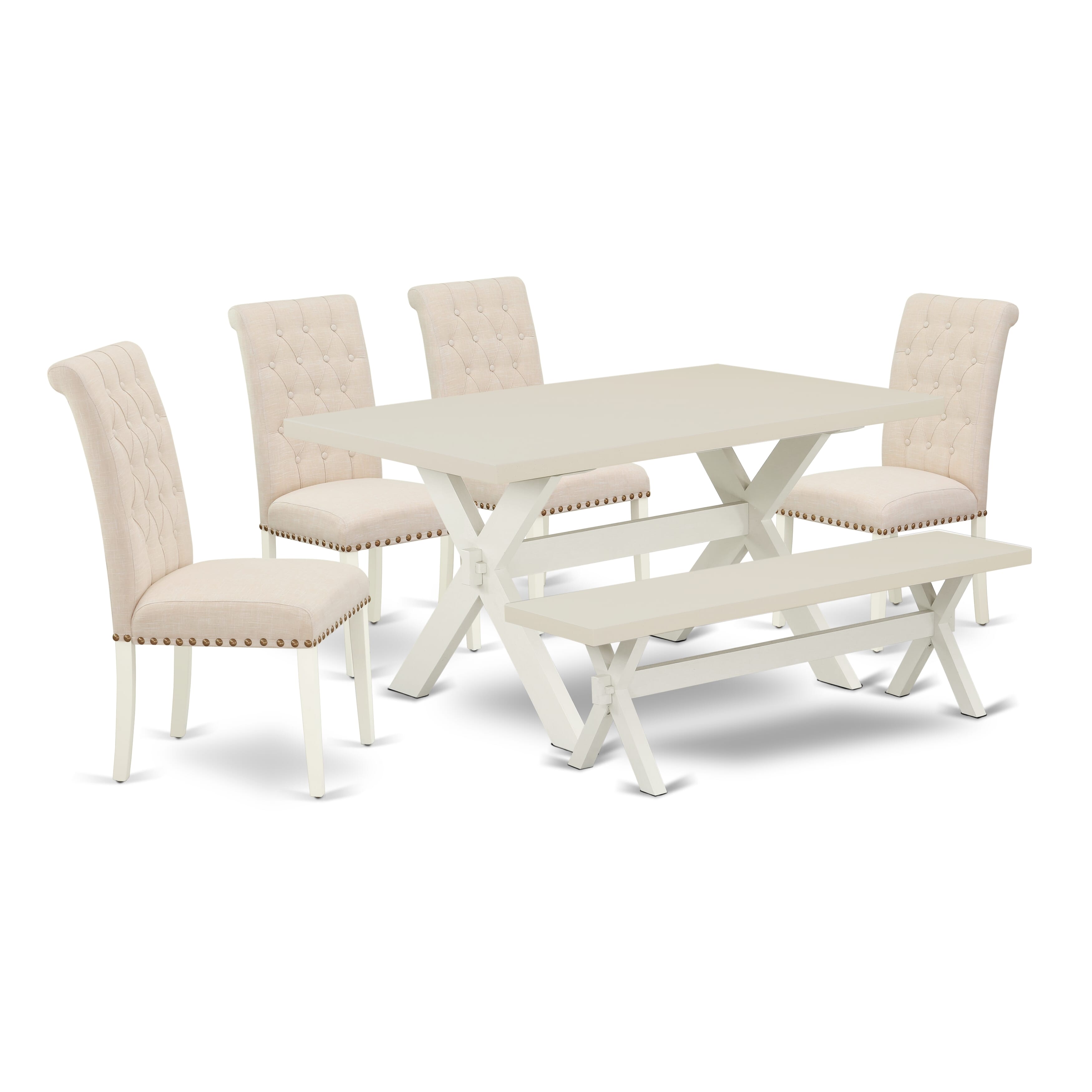 X026BR202-6 6-Piece Table Dining Set-Light Beige Linen Fabric Seat and Button Tufted Chair Back Padded Parson Chairs, a Rectangular Bench and Rectangular top Dining room Table with Solid Wood Legs - linen white and linen white Finish