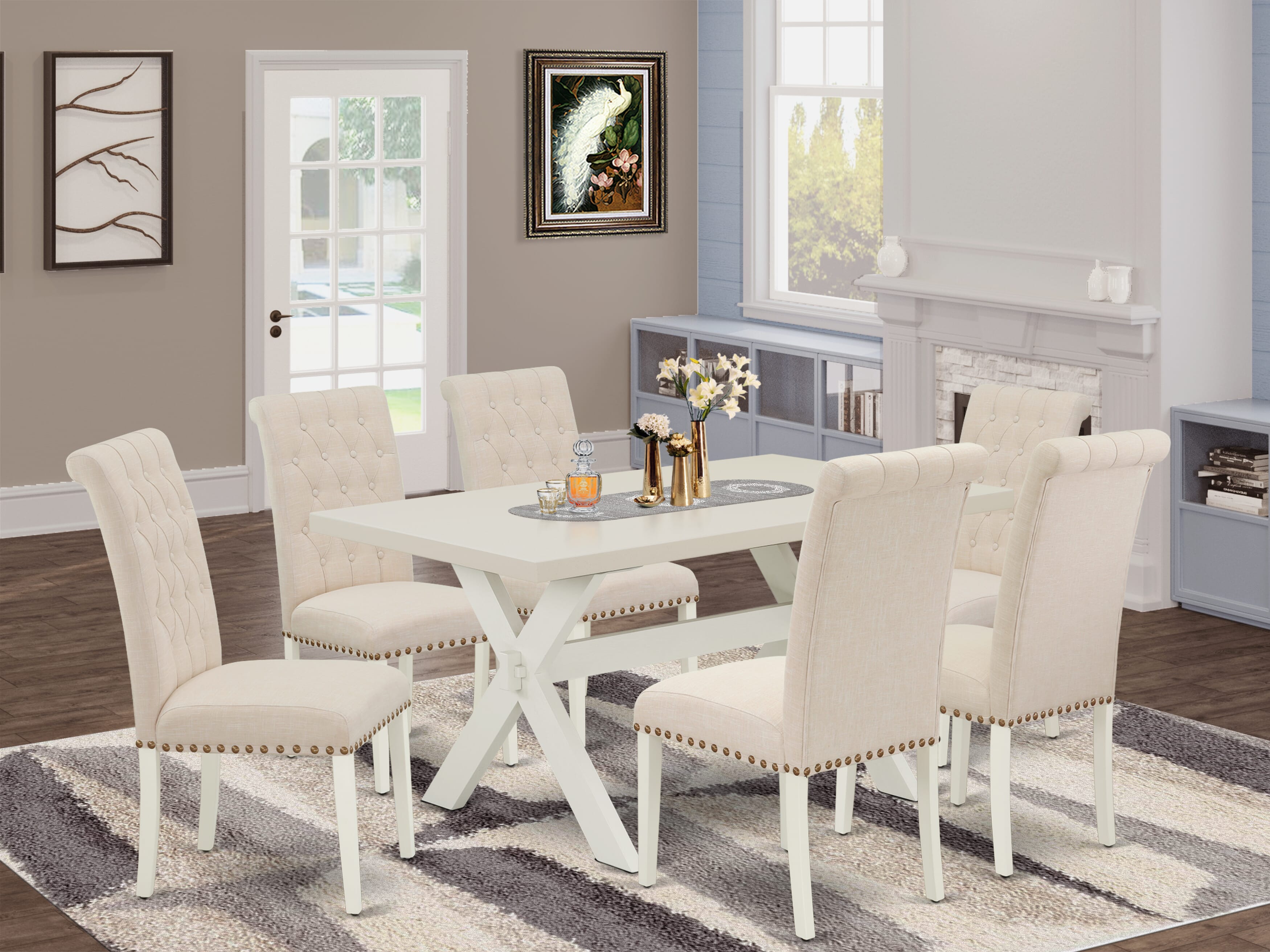 Juego de mesa de comedor de 7 piezas East West Furniture X026BR202-7 compuesto por una mesa de comedor rectangular con patas en forma de X y 6 sillas tapizadas en tela de lino beige claro.