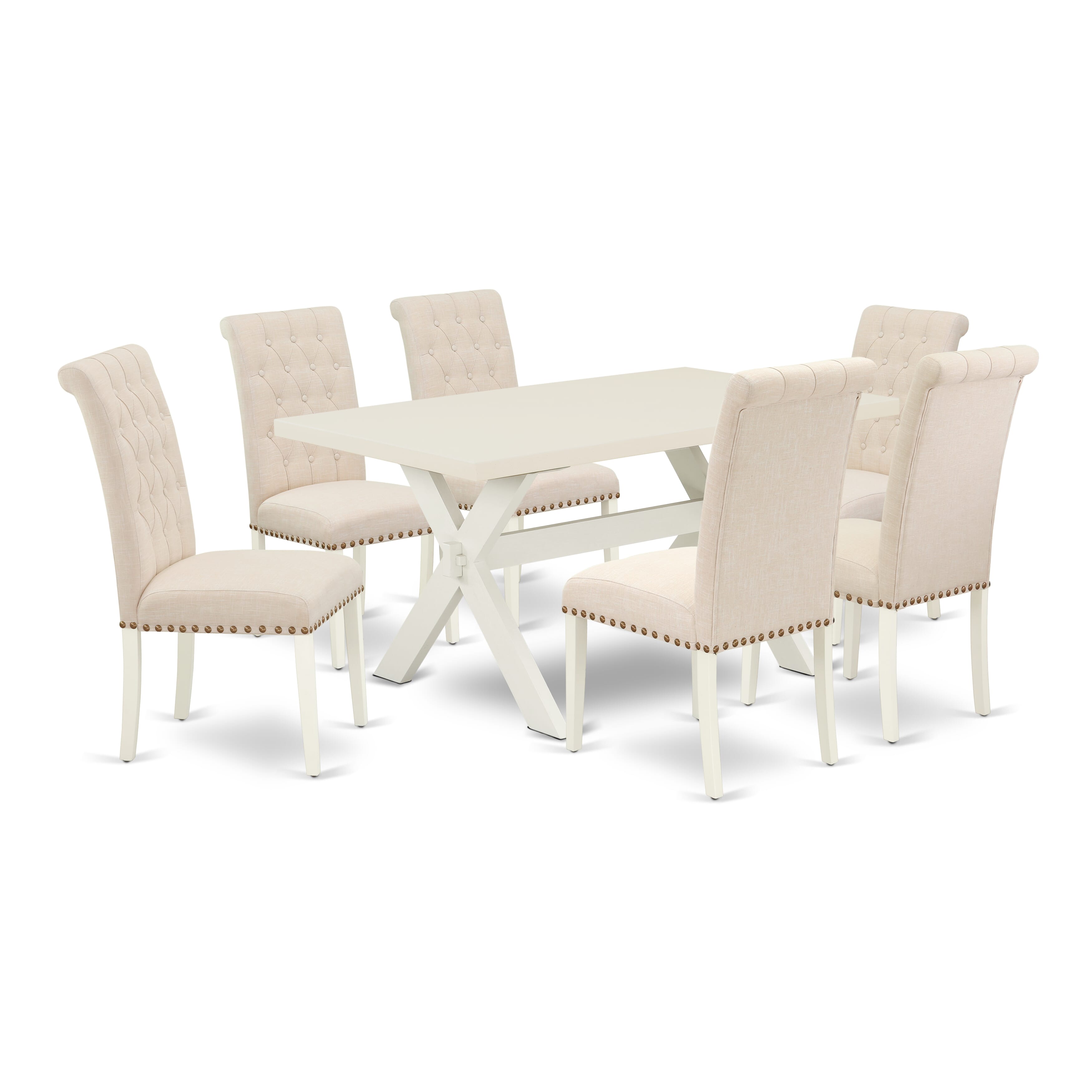 Juego de mesa de comedor de 7 piezas East West Furniture X026BR202-7 compuesto por una mesa de comedor rectangular con patas en forma de X y 6 sillas tapizadas en tela de lino beige claro.