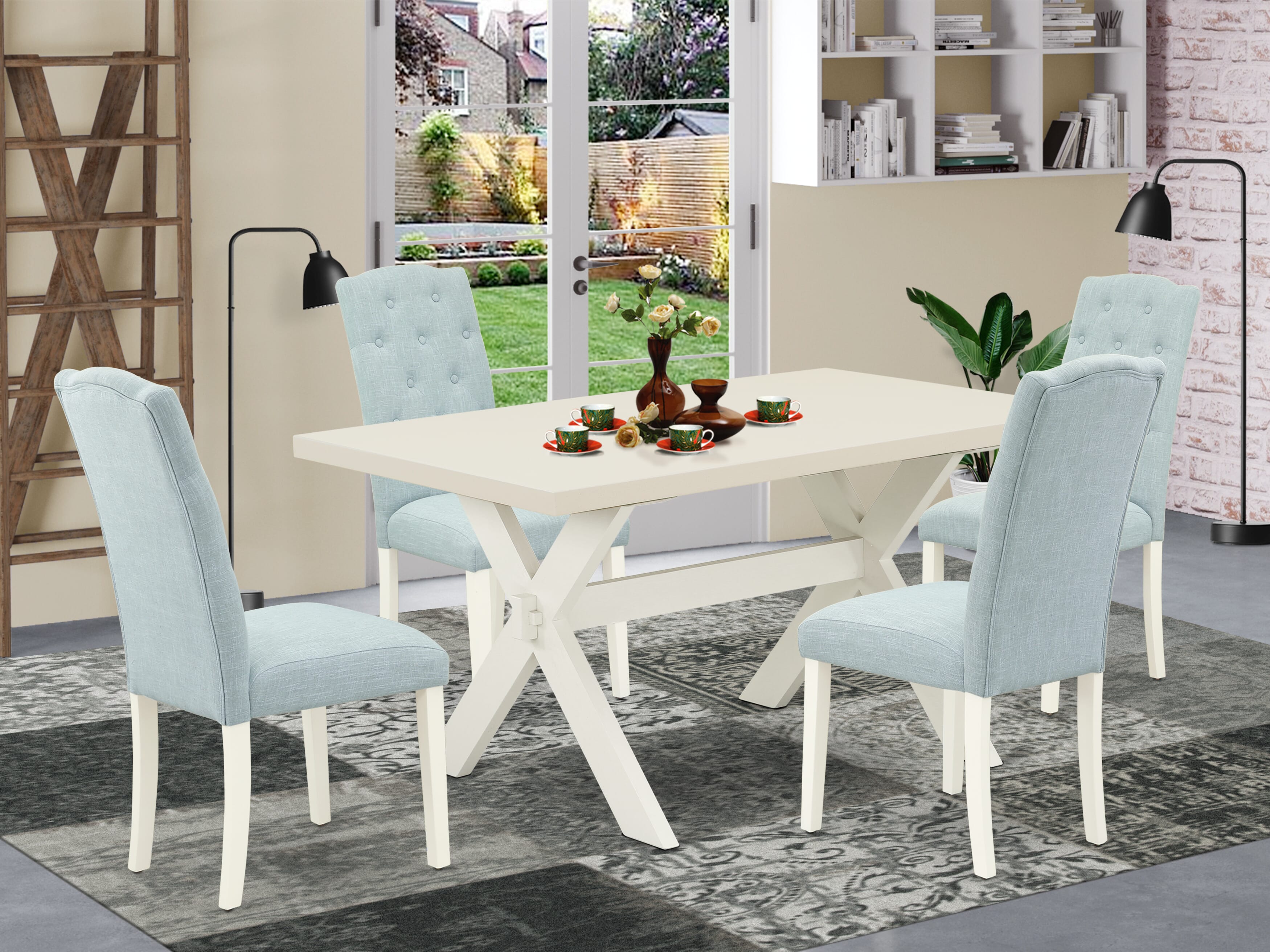 East West Furniture X026CE215-5 5-Piece Dining Set a Beautiful linen white Mid Century Dining Table top and 4 beautiful dining room chairs with Button Tufted Chair Back, linen white Finish