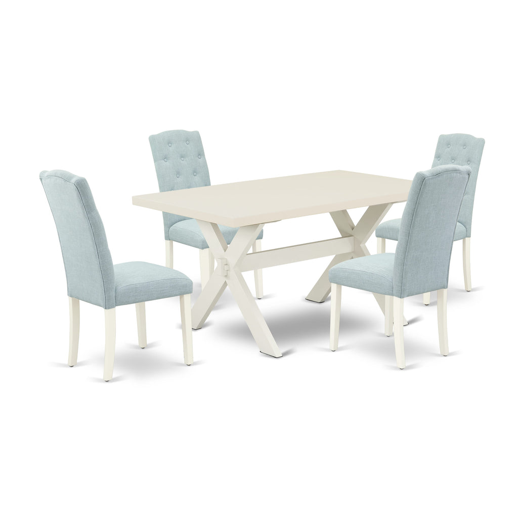 East West Furniture X026CE215-5 5 Piece Kitchen Table Set for 4 Includes a Rectangle Dining Room Table with X-Legs and 4 Baby Blue Linen Fabric Upholstered Chairs