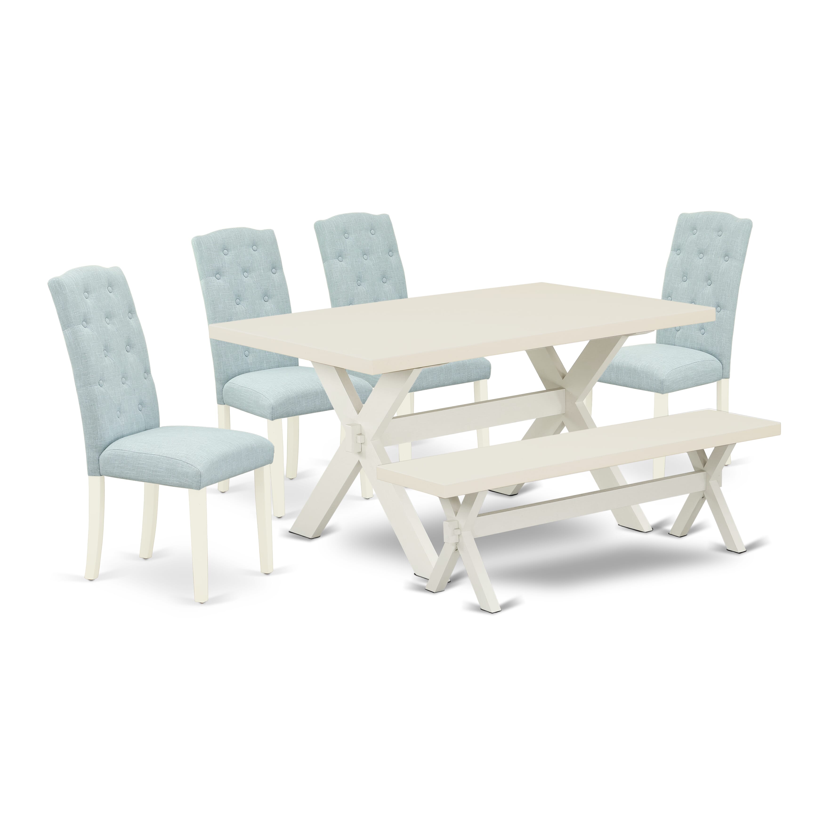 East West Furniture X026CE215-6 6-Piece -Baby Blue Linen Fabric Seat and Button Tufted Chair Back Kitchen chairs, A Rectangular Bench and Rectangular top Modern Dining Table with Hardwood Legs - linen white and linen white Finish
