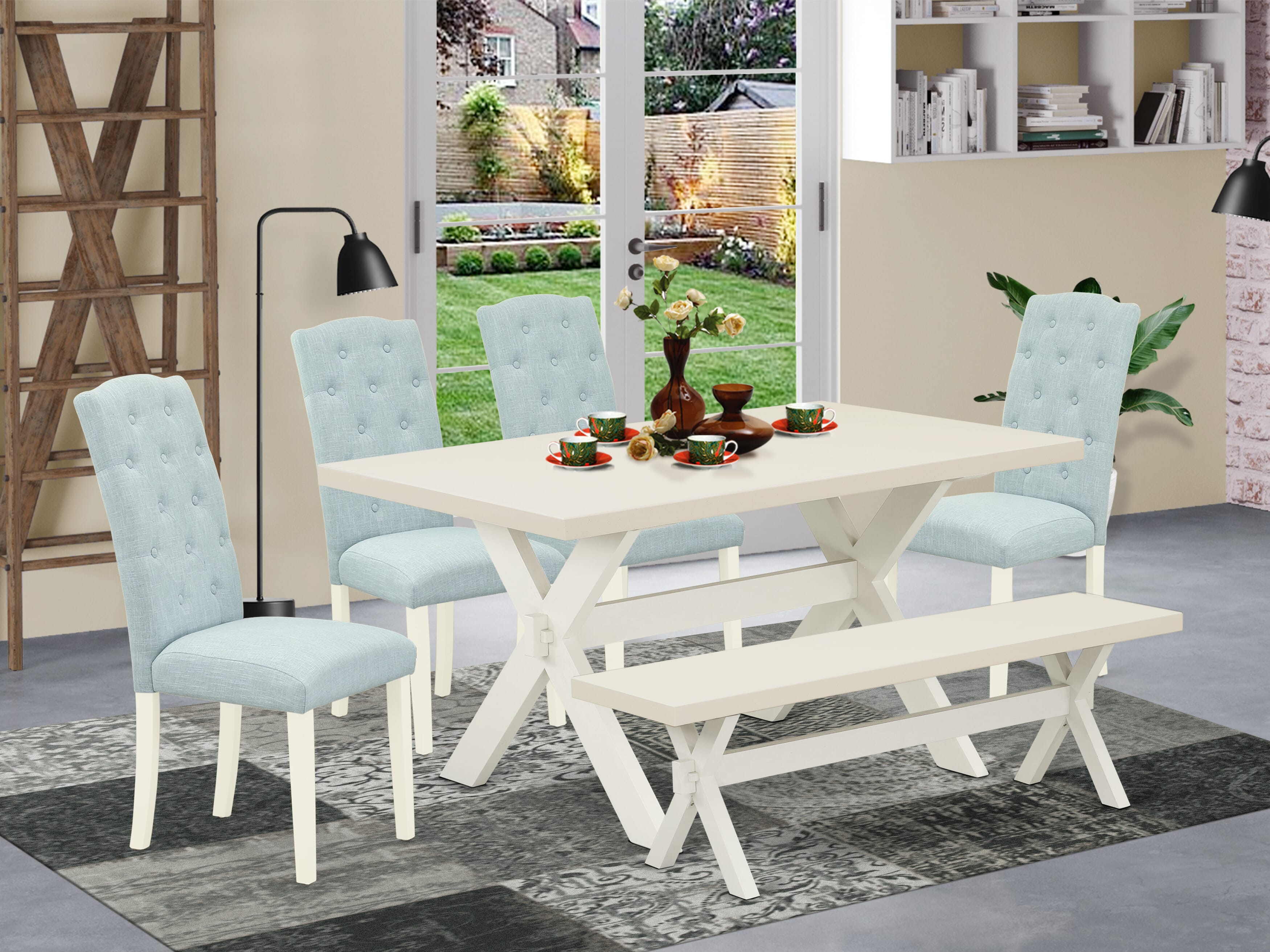 East West Furniture X026CE215-6 6-Piece -Baby Blue Linen Fabric Seat and Button Tufted Chair Back Kitchen chairs, A Rectangular Bench and Rectangular top Modern Dining Table with Hardwood Legs - linen white and linen white Finish