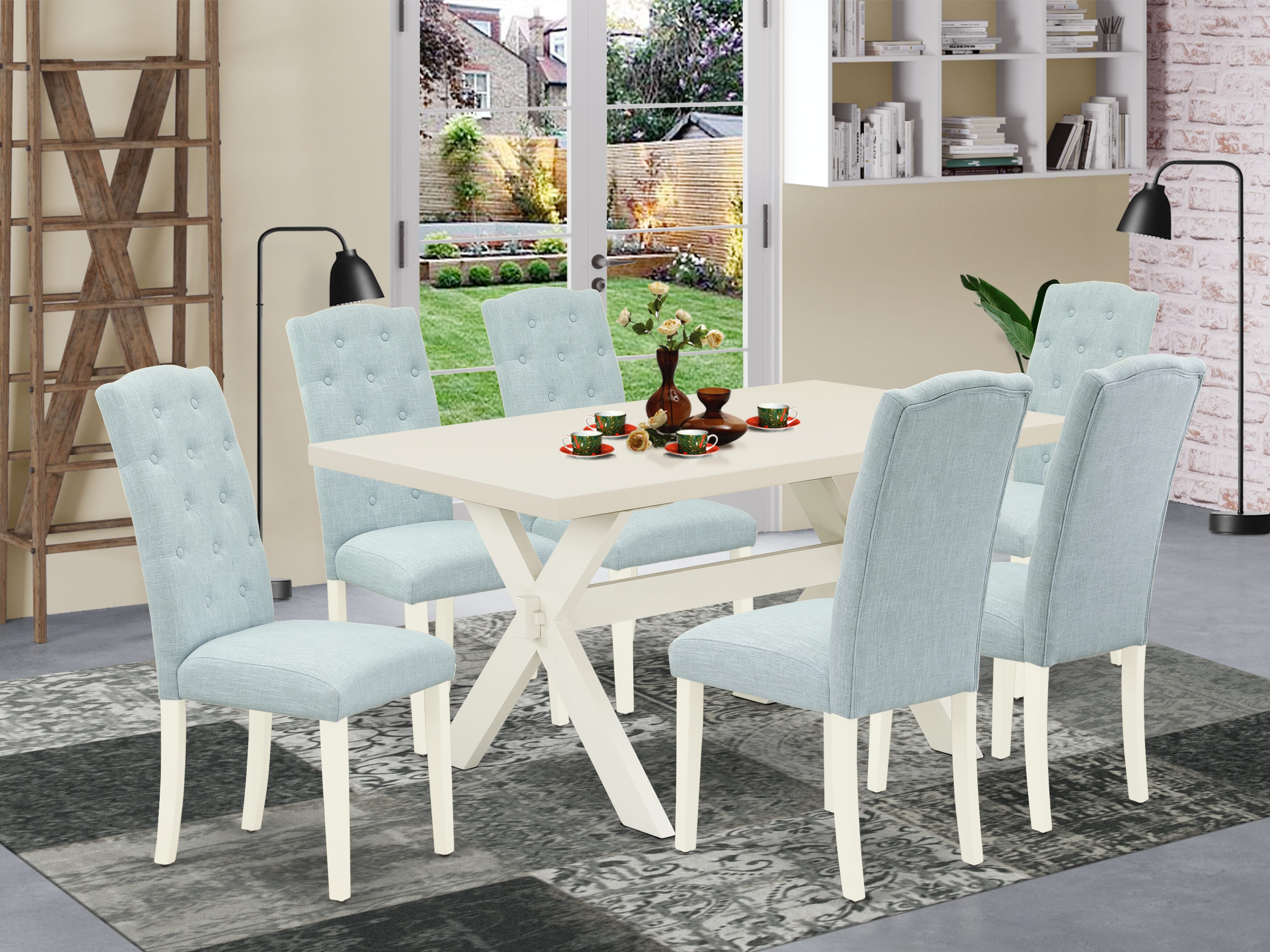 East West Furniture X026CE215-7 7-Pc Dining room Table Set a Wonderful linen white Kitchen Table top and 6 Wonderful Parson Dining chairs with Button Tufted, linen white Finish