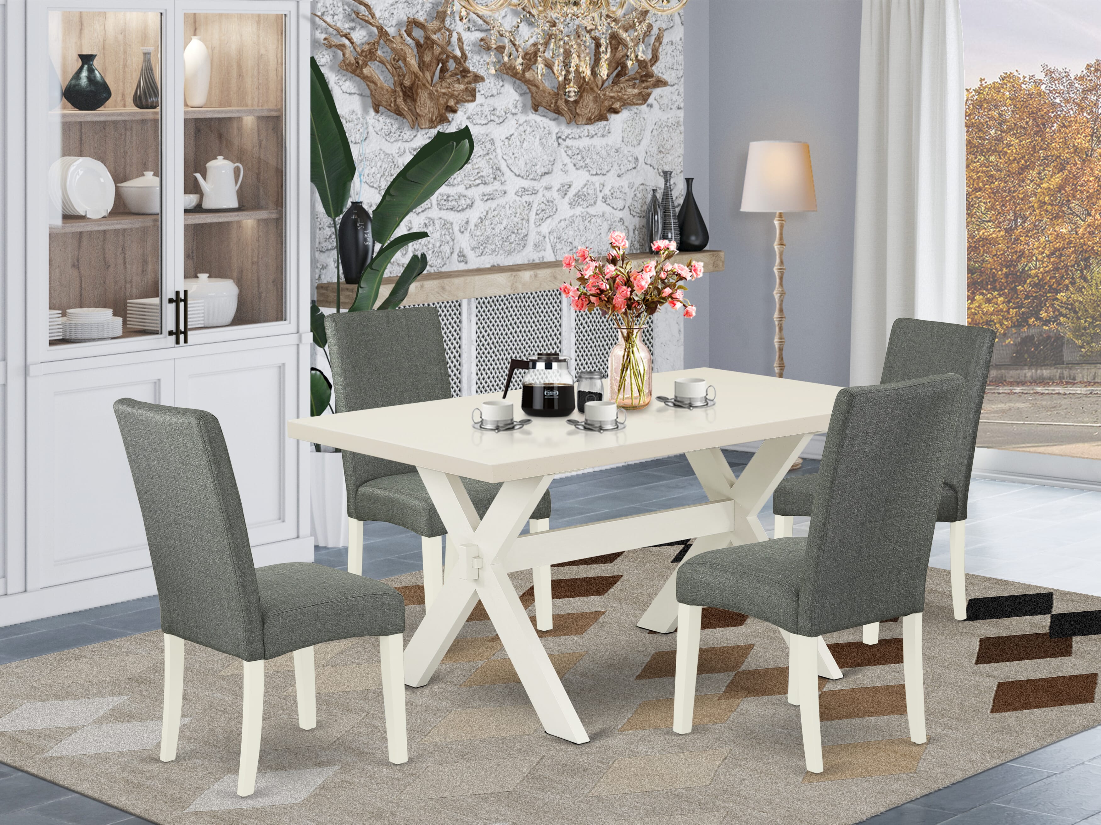 East West Furniture X026DR207-5 5-Pc Rectangular Dining Table Set a Beautiful linen white Dining room Table top and 4 Beautiful Kitchen chairs with High Stylish Chair Back, linen white Finish