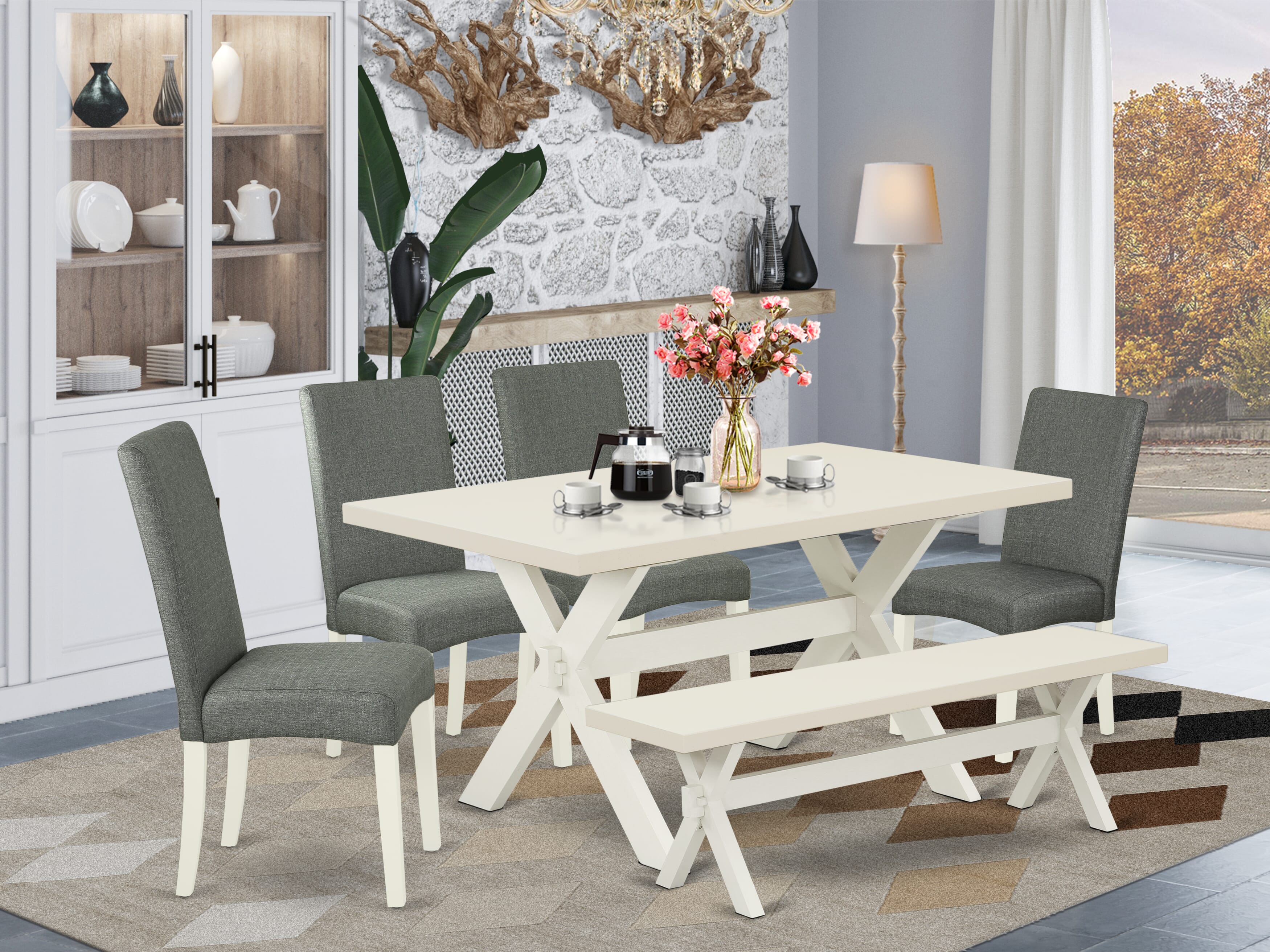 Juego de comedor de cocina de 6 piezas East West Furniture: asiento de tela de lino gris ahumado y elegante respaldo de silla. Sillas de cocina