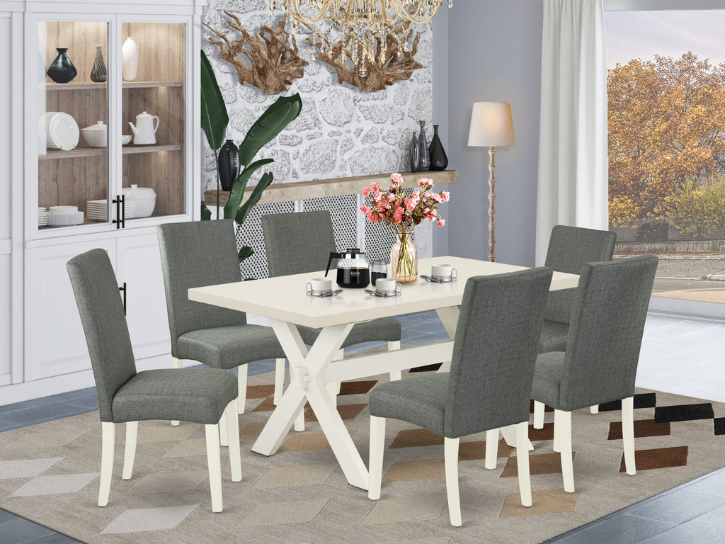East West Furniture X026DR207-7 7 Piece Modern Dining Table Set Consist of a Rectangle Dining Room Table with X-Legs and 6 Gray Linen Fabric Upholstered Chairs