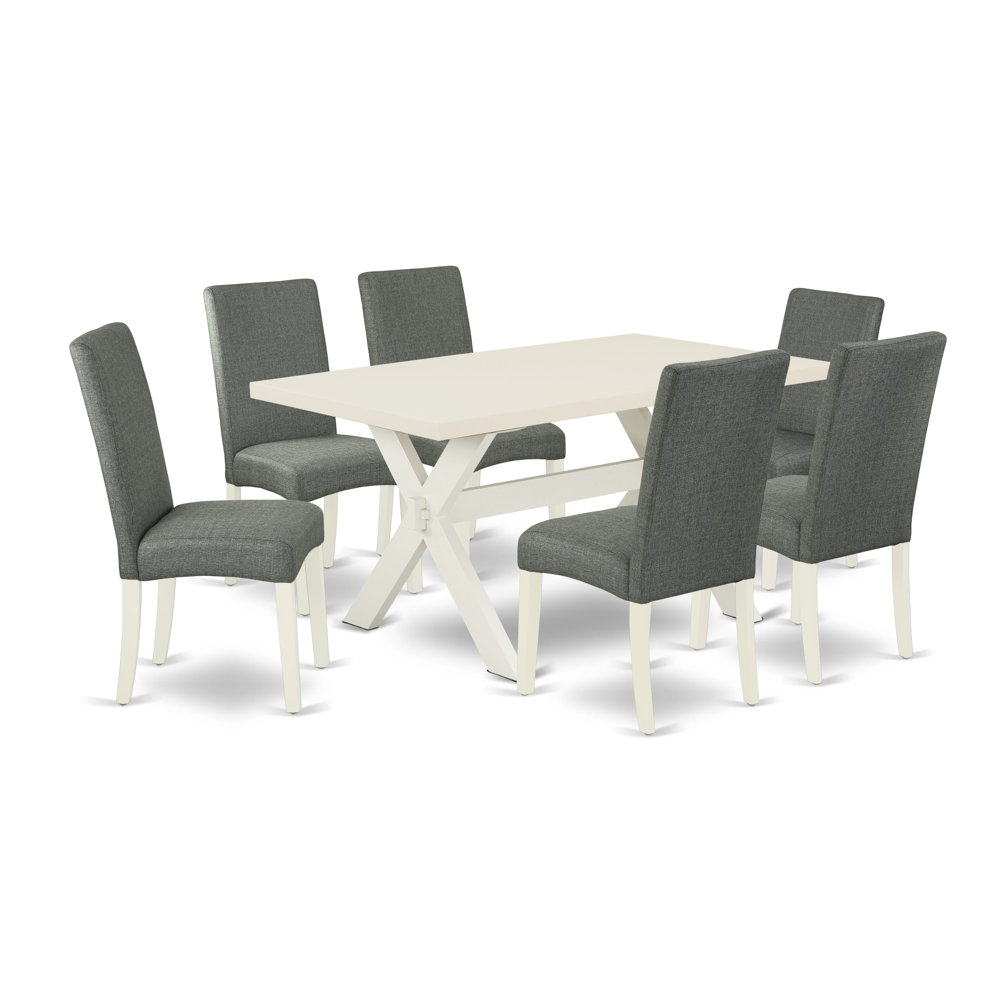 Juego de mesa de comedor moderna East West Furniture X026DR207-7 de 7 piezas compuesto por una mesa de comedor rectangular con patas en forma de X y 6 sillas tapizadas en tela de lino gris.