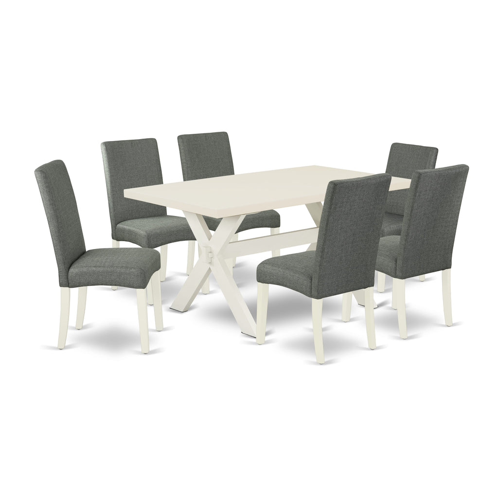 East West Furniture X026DR207-7 7 Piece Modern Dining Table Set Consist of a Rectangle Dining Room Table with X-Legs and 6 Gray Linen Fabric Upholstered Chairs