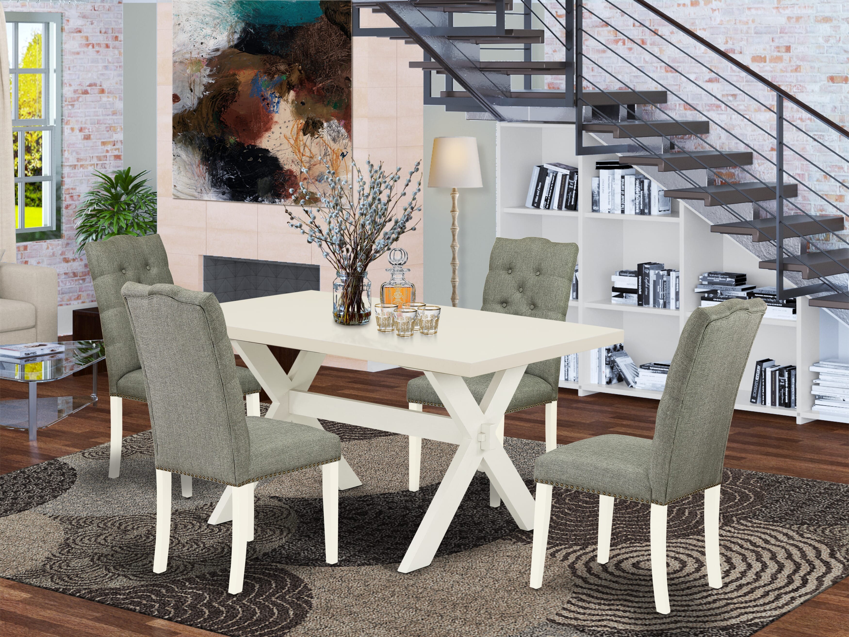 Juego de comedor de 5 piezas East West Furniture X026EL207-5. Incluye una mesa de comedor rectangular con patas en forma de X y 4 sillas tapizadas en tela de lino gris.