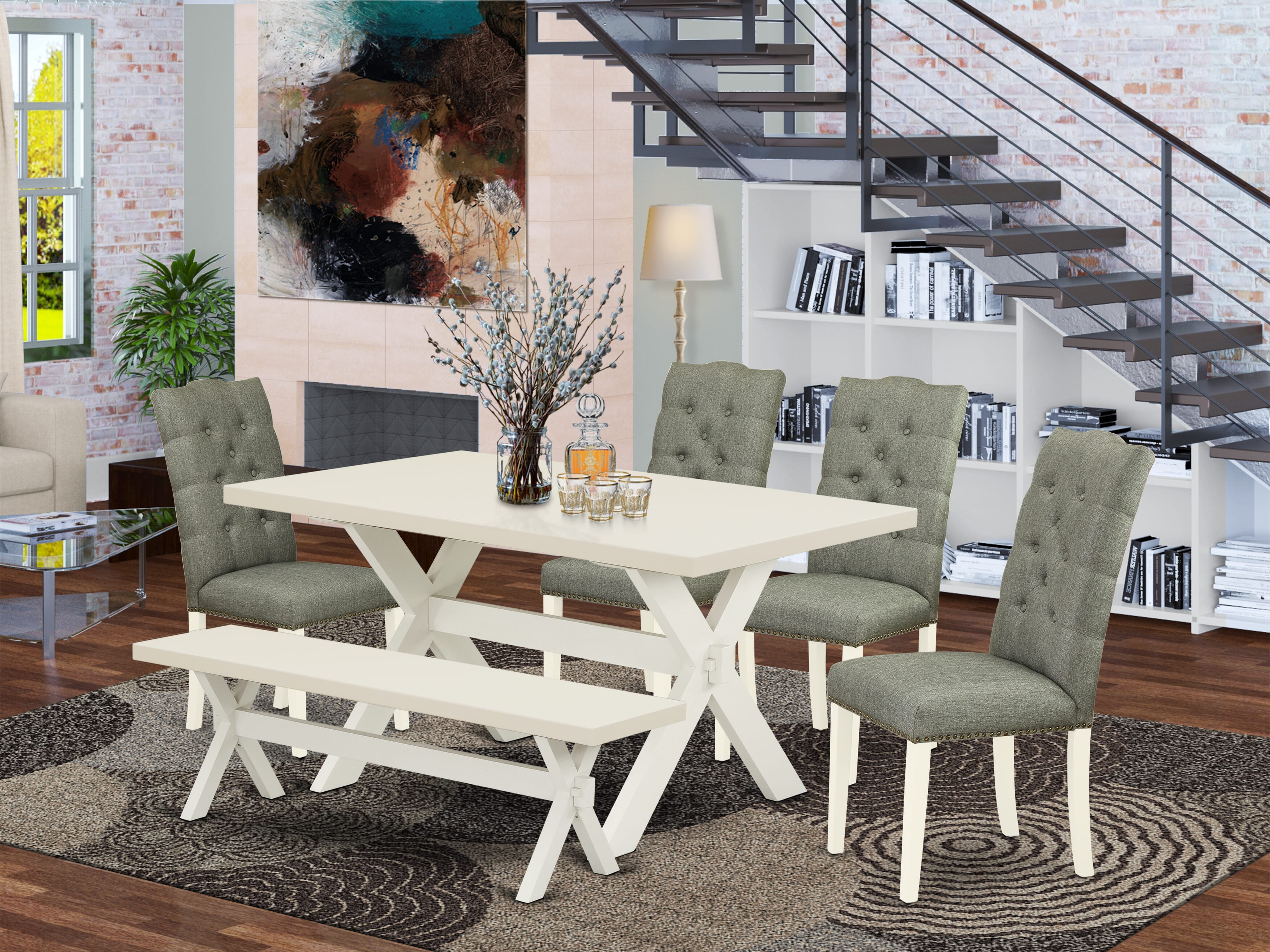 Juego de mesa de comedor de 6 piezas East West Furniture con asiento de tela de lino color humo y respaldo capitoné con botones. Sillas de comedor