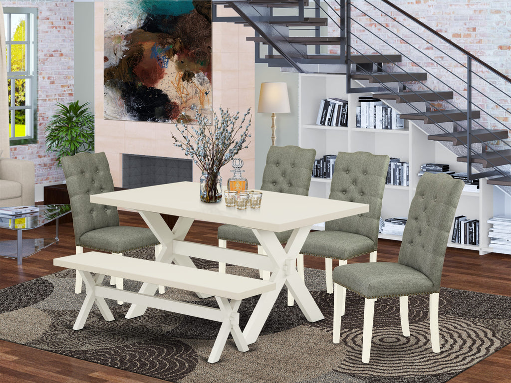 East West Furniture 6-Pc Dining room Table Set-Smoke Color Linen Fabric Seat and Button Tufted Chair Back Dining room chairs