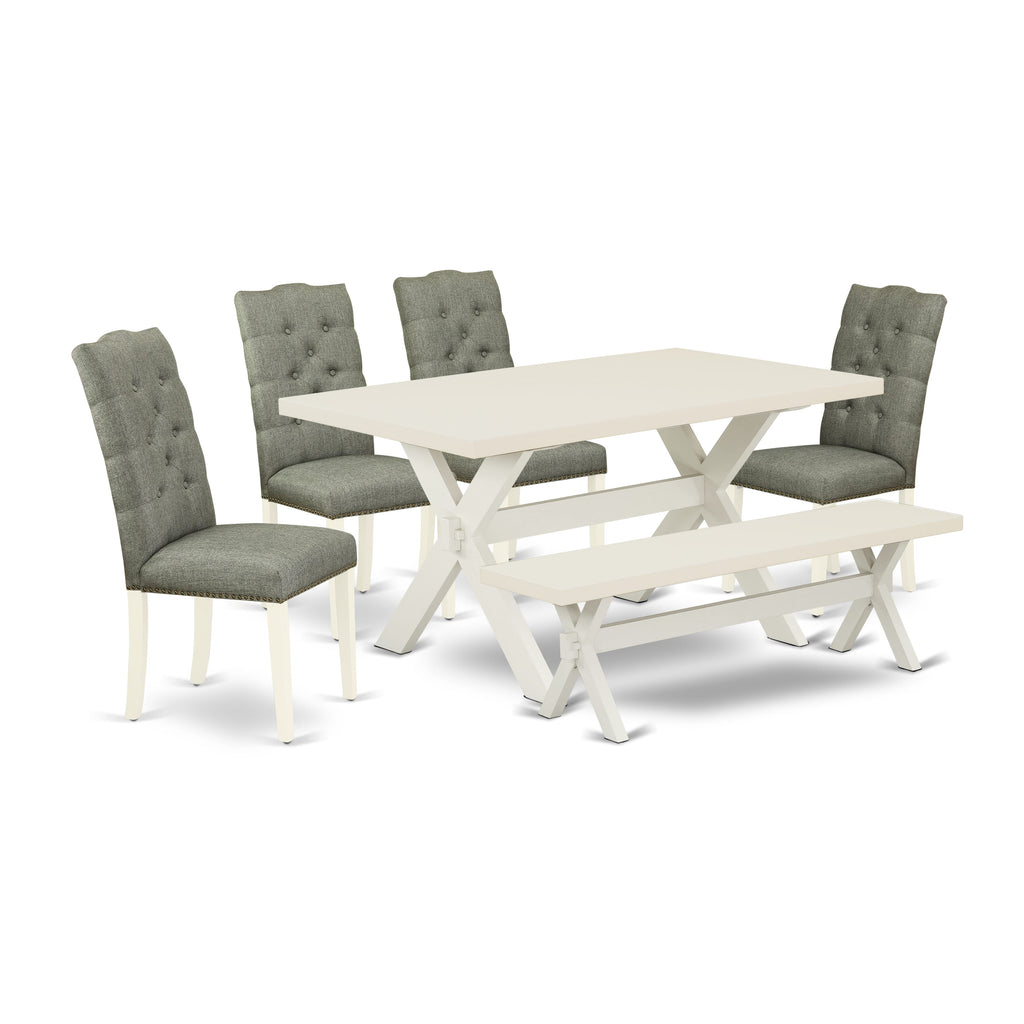 East West Furniture 6-Pc Dining room Table Set-Smoke Color Linen Fabric Seat and Button Tufted Chair Back Dining room chairs