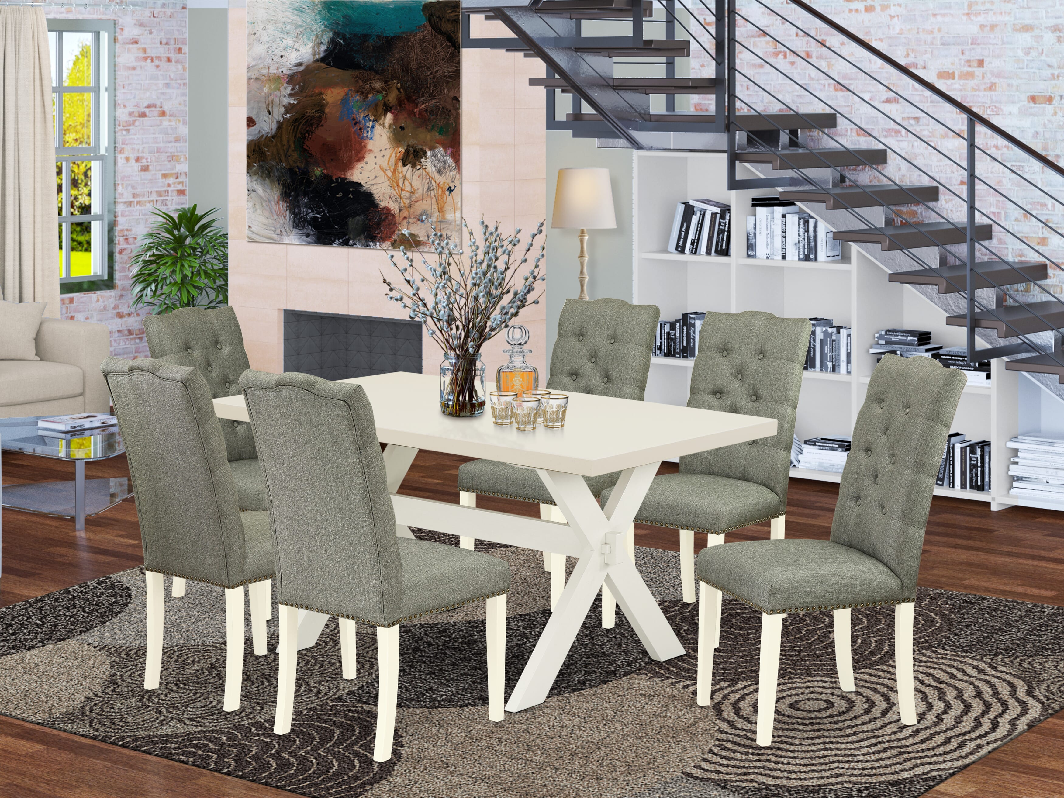 Juego de mesa de comedor de 7 piezas East West Furniture X026EL207-7 compuesto por una mesa de comedor rectangular con patas en forma de X y 6 sillas tapizadas en tela de lino gris.