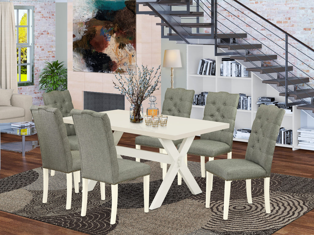 East West Furniture X026EL207-7 7 Piece Dining Table Set Consist of a Rectangle Dining Room Table with X-Legs and 6 Gray Linen Fabric Upholstered Chairs
