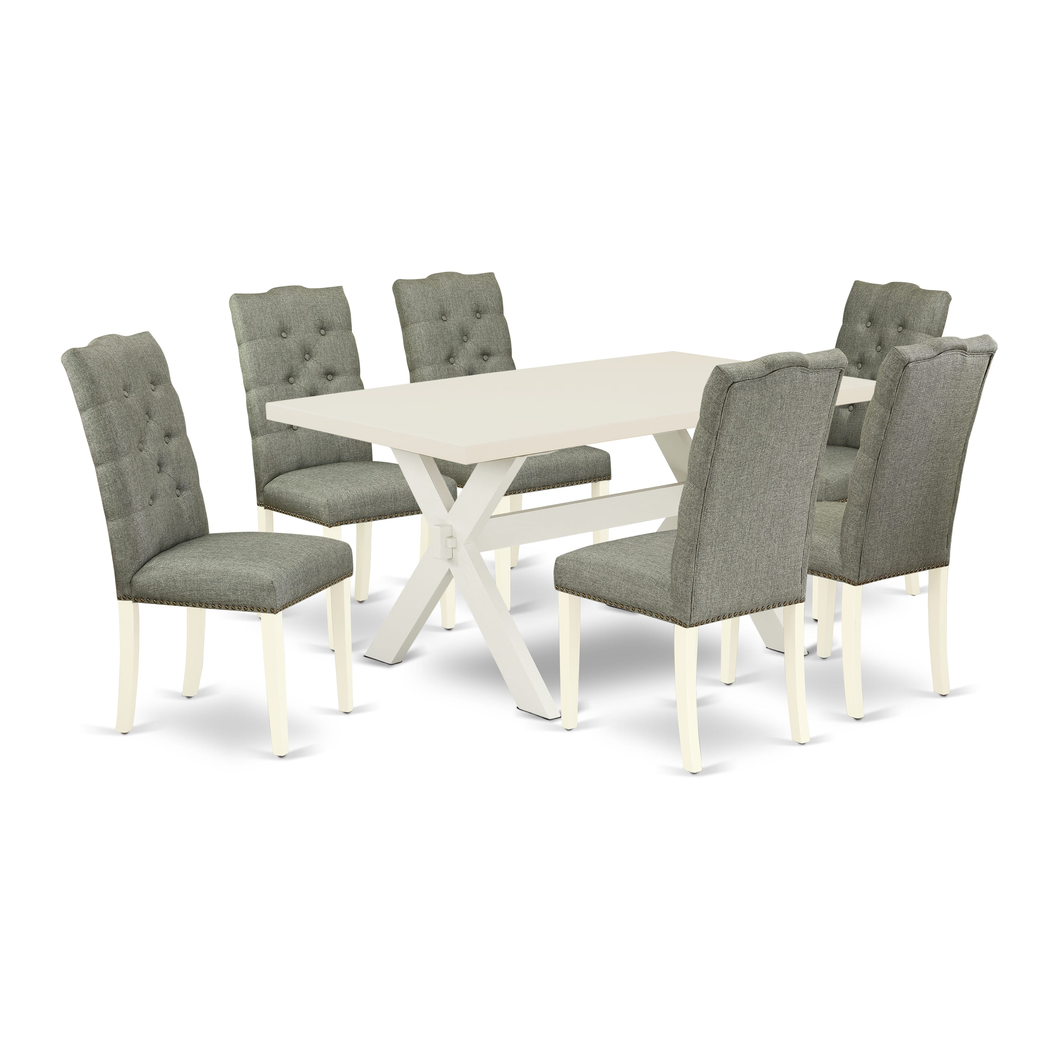 Juego de mesa de comedor de 7 piezas East West Furniture X026EL207-7 compuesto por una mesa de comedor rectangular con patas en forma de X y 6 sillas tapizadas en tela de lino gris.