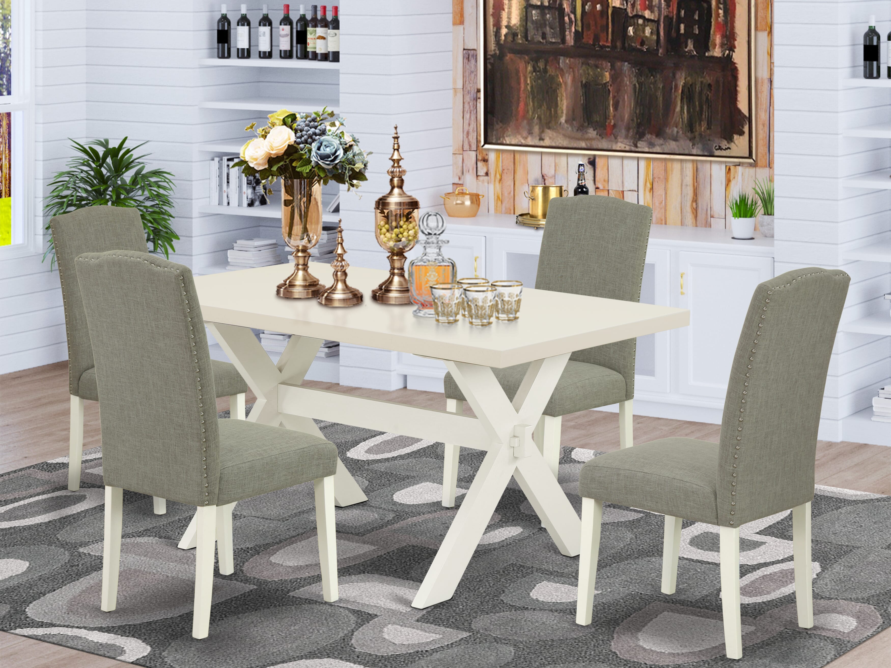 El juego de comedor de 5 piezas East West Furniture X026EN206-5 incluye una mesa de comedor rectangular con patas en forma de X y 4 sillas de comedor Parson de tela de lino shitake oscuro.