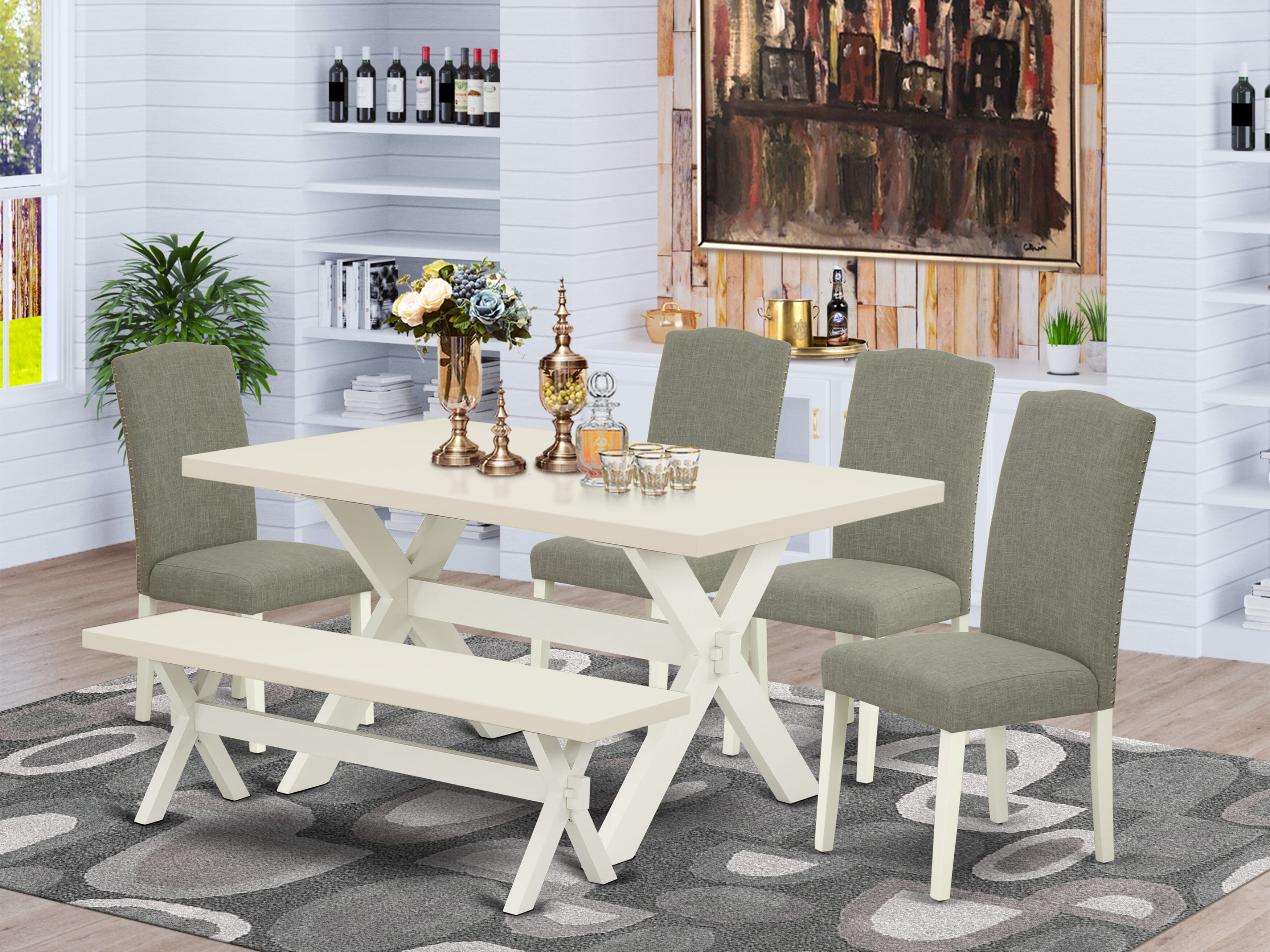 Juego de mesa de comedor de 6 piezas de East West Furniture: asiento de tela de lino shitake oscuro y respaldo elegante de silla. Sillas de comedor