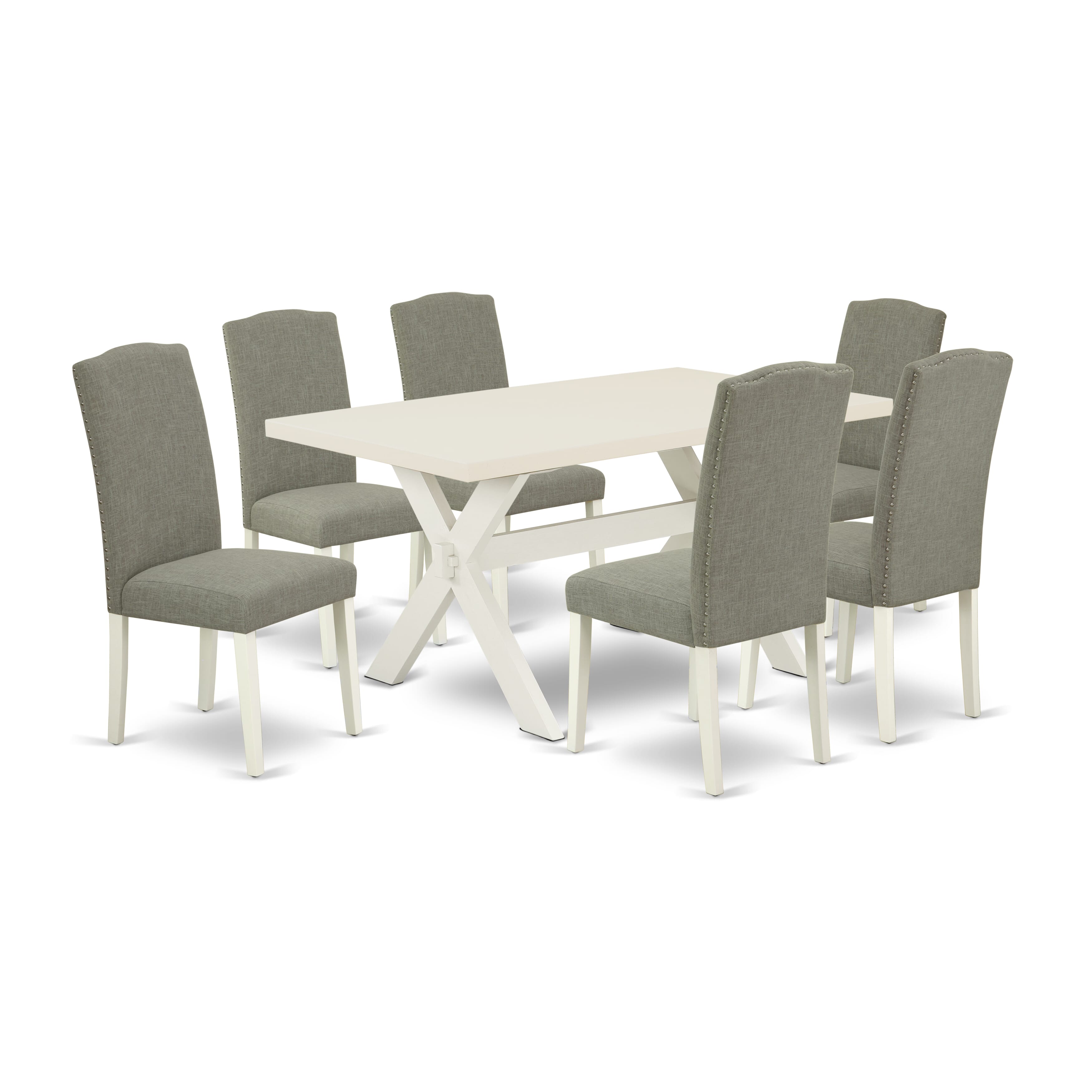 East West Furniture X026EN206-7 7-Piece dining room table set a great linen white small table top and 6 Beautiful parson chairs with Nail heads and High Stylish Chair Back, linen white Finish