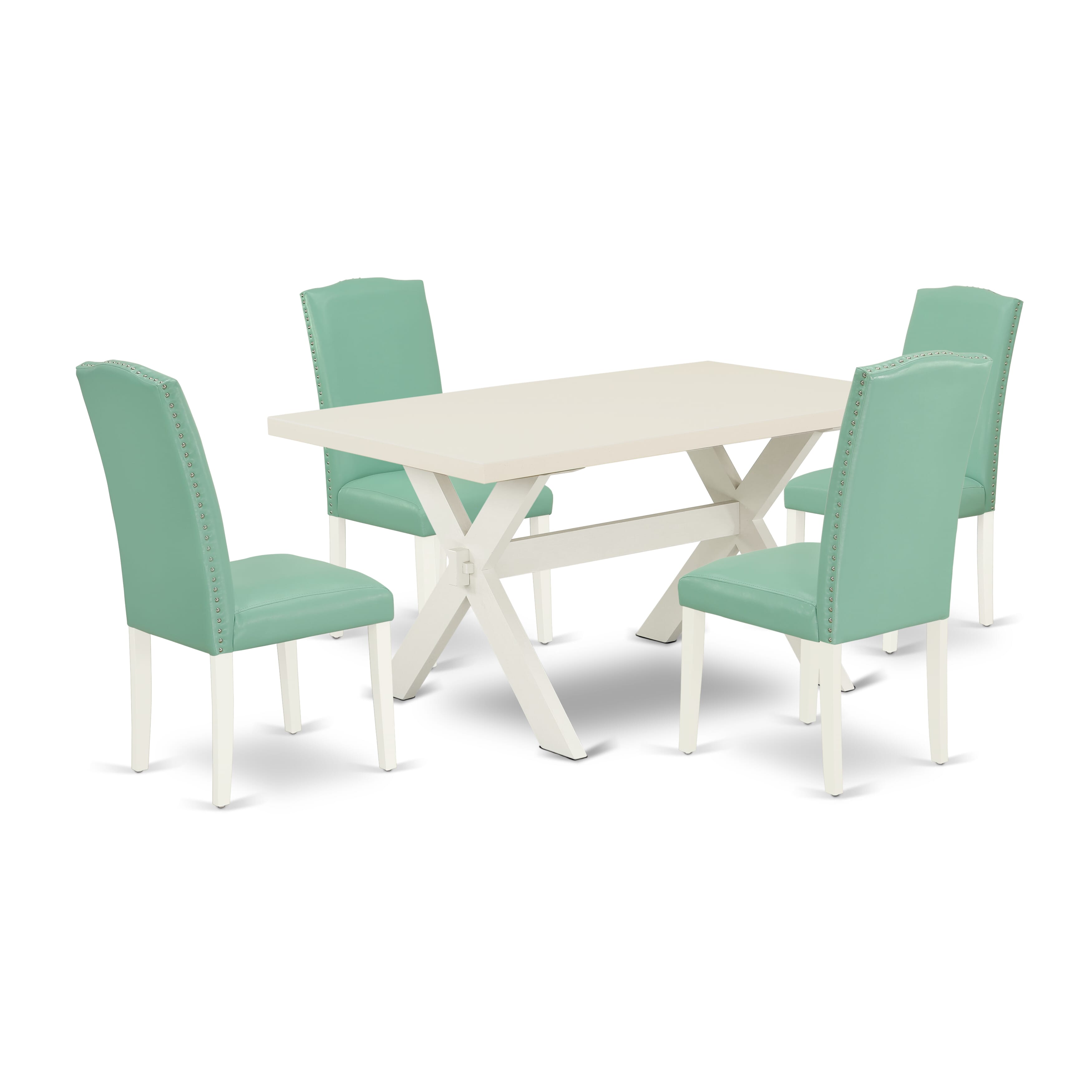 East West Furniture X026EN257-5 5-Piece Kitchen Dinette SetIncluded 4 Parson Dining chairs Upholstered Nails Head Seat and Stylish Chair Back and Rectangular Dining Table with linen white Kitchen Dining Table top (linen white Finish)